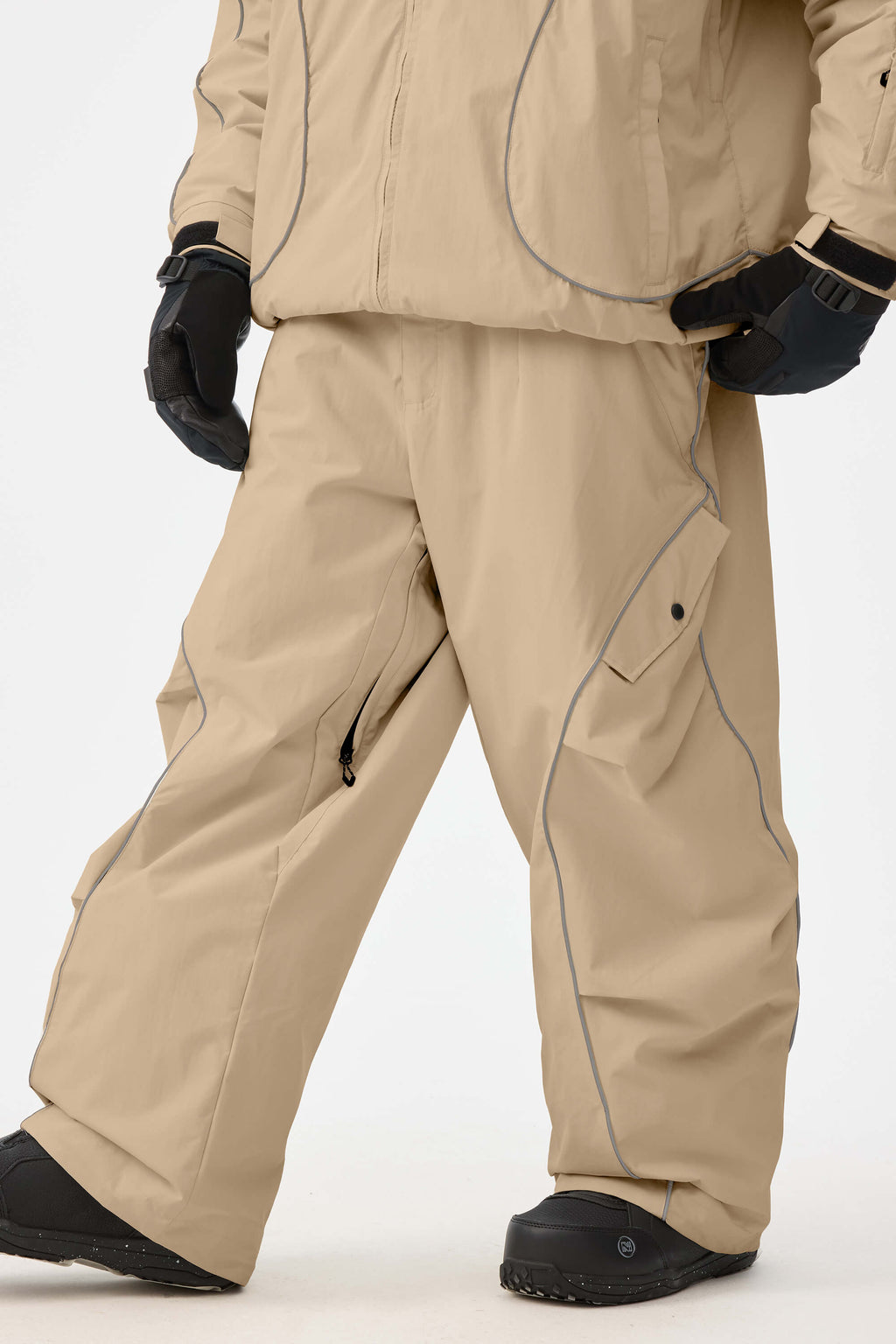 Men's Khaki Retro Track Ski Pants Reflective Piping Baggy Snow Pants