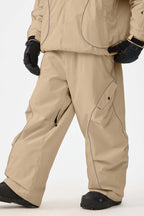 Men's Khaki Retro Track Ski Pants Reflective Piping Baggy Snow Pants