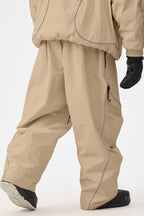Men's Khaki Retro Track Ski Pants Reflective Piping Baggy Snow Pants