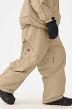 Men's Khaki Retro Track Ski Pants Reflective Piping Baggy Snow Pants