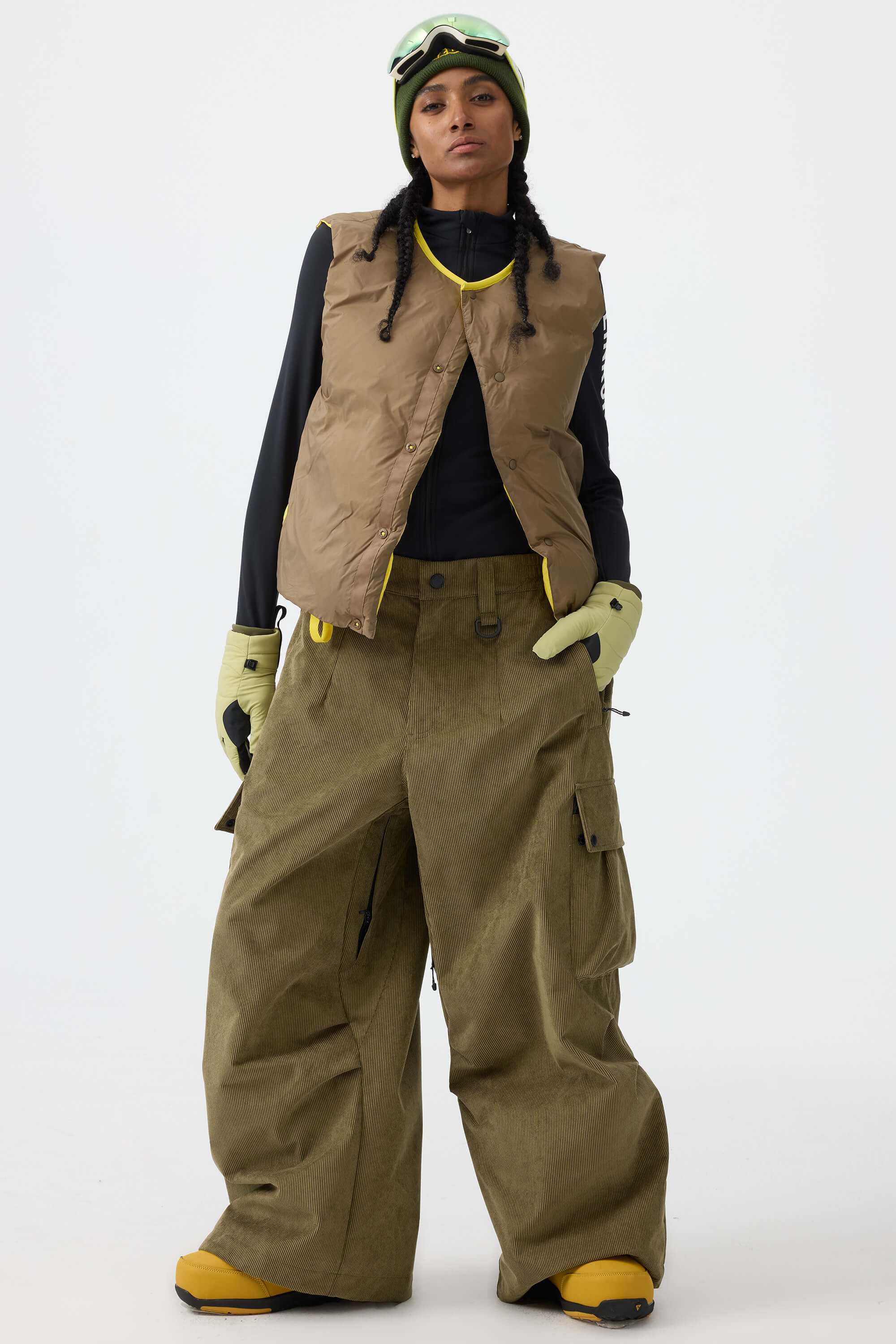 Women's Olive Green Baggy Structured Ski Pants Corduroy Snow Pants
