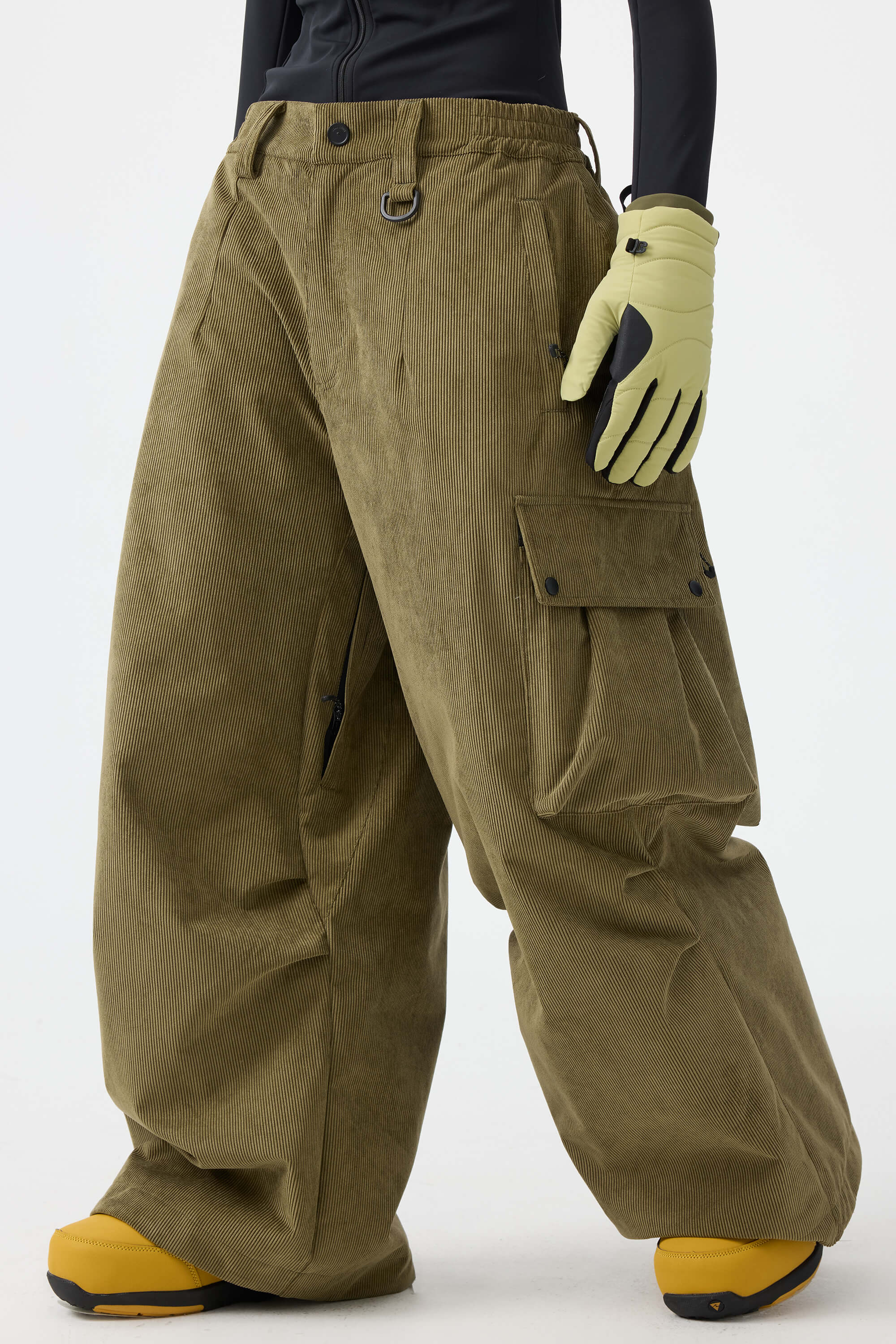 Women's Olive Green Baggy Structured Ski Pants Corduroy Snow Pants