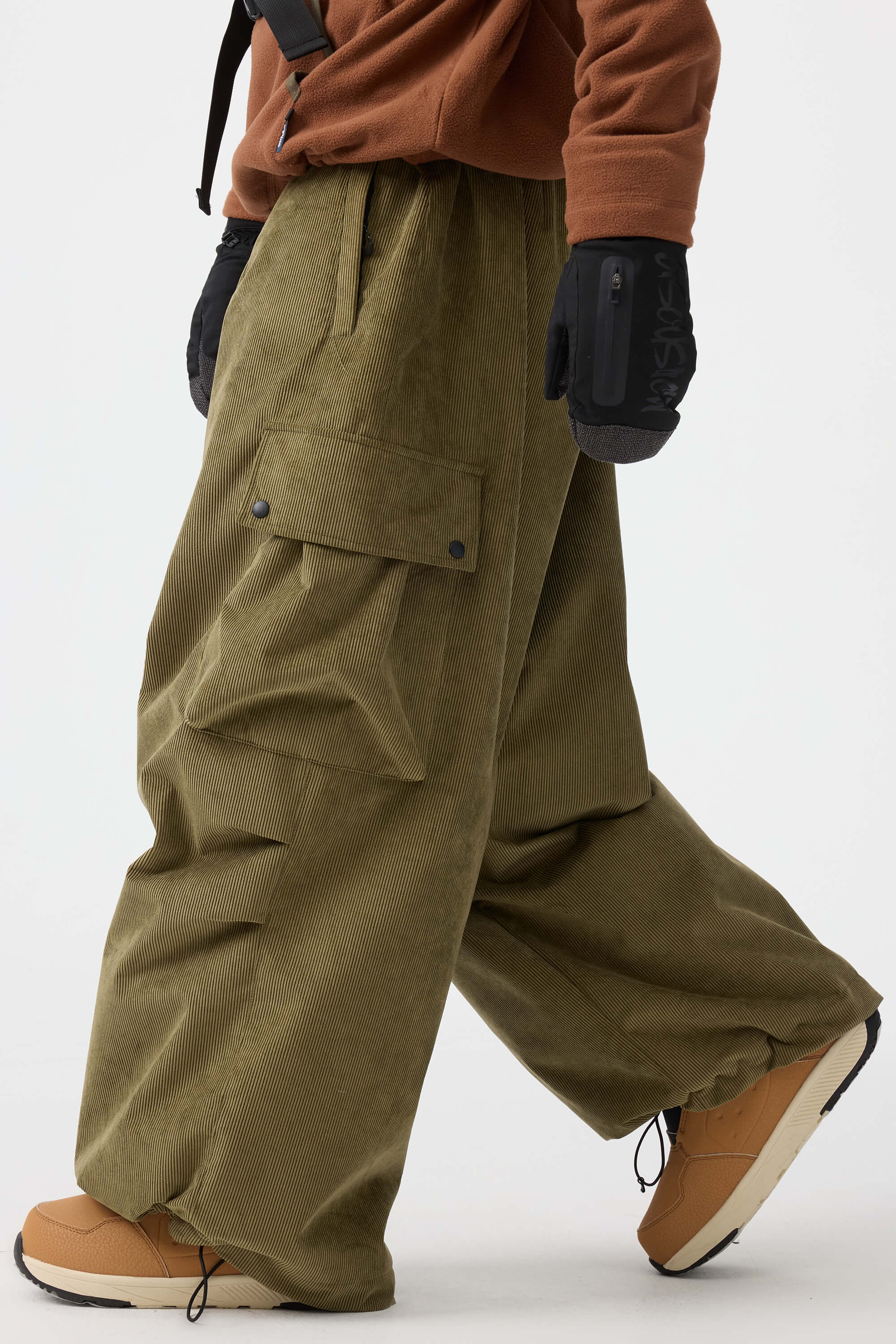 Men's Olive Green Baggy Structured Ski Pants Corduroy Snow Pants