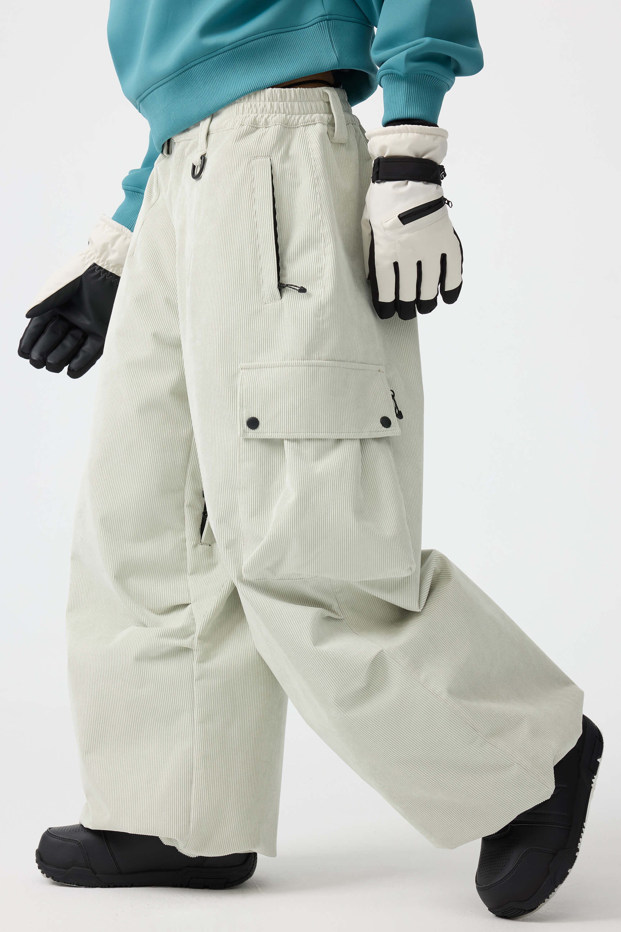 Women's Olive Green Baggy Structured Ski Pants Corduroy Snow Pants