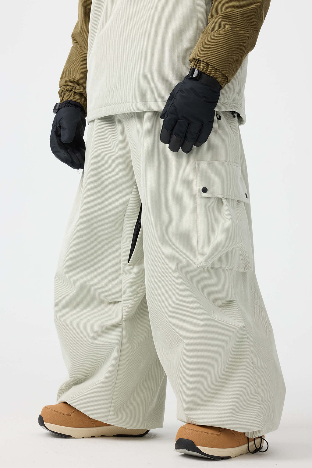 Men's Olive Green Baggy Structured Ski Pants Corduroy Snow Pants