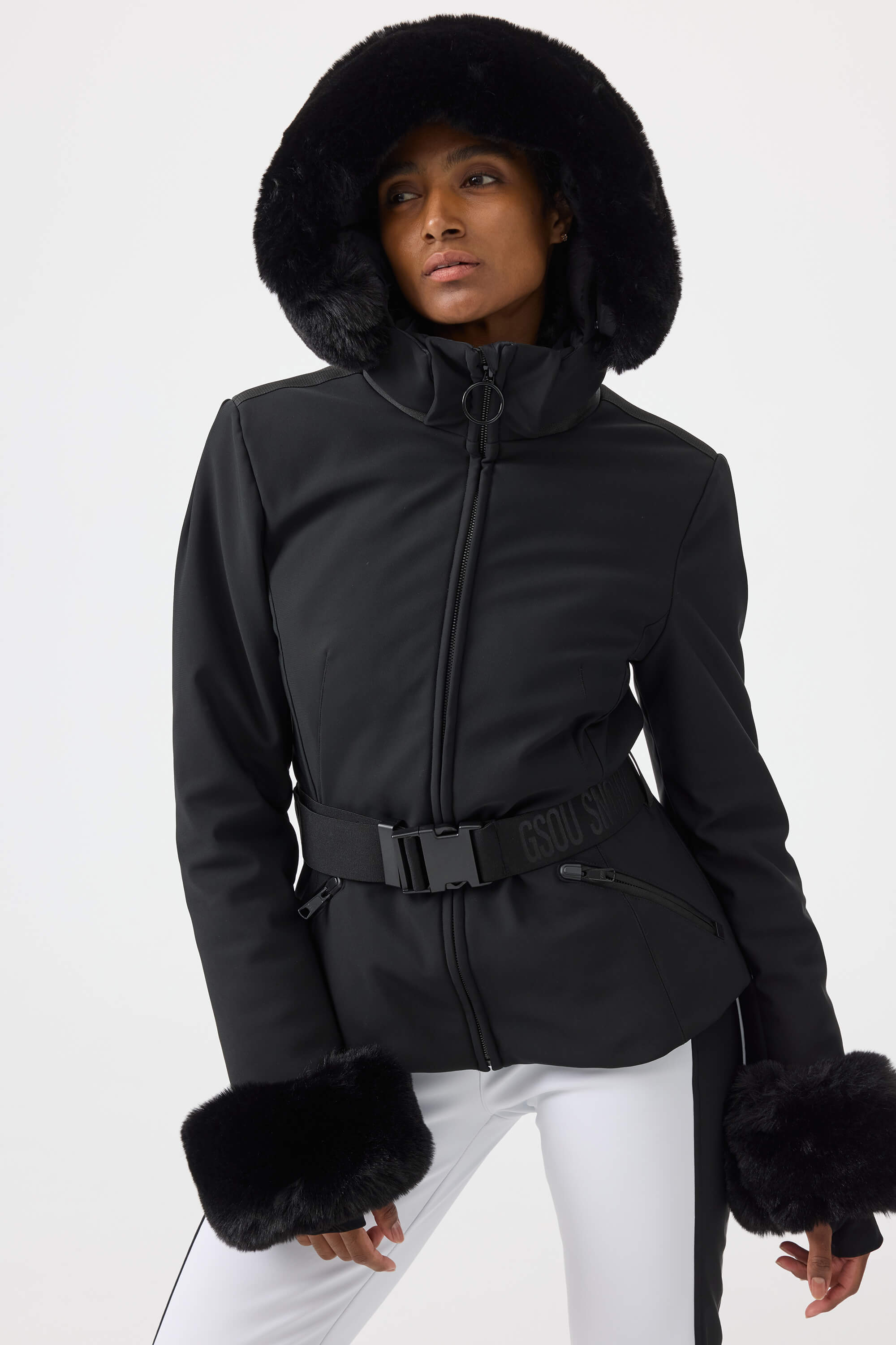 Women's Orange 3D-Cut Faux Fur Stretch Insulated Ski Jacket Snow Jacket