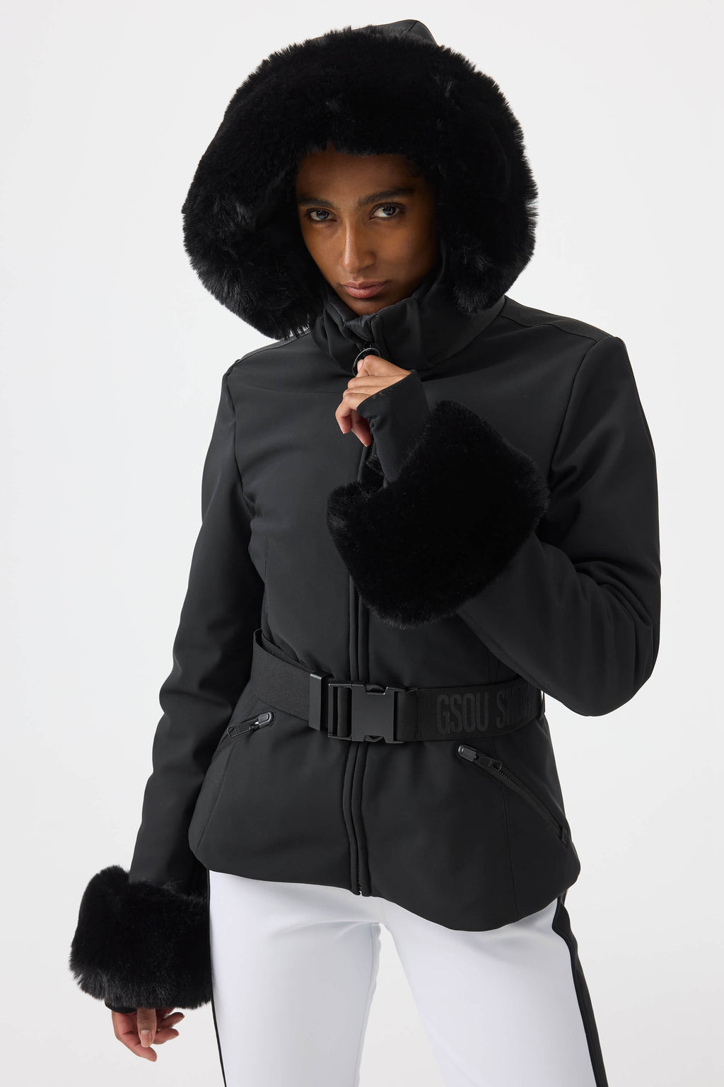 Women's Magenta 3D-Cut Faux Fur Stretch Insulated Ski Jacket Snow Jacket