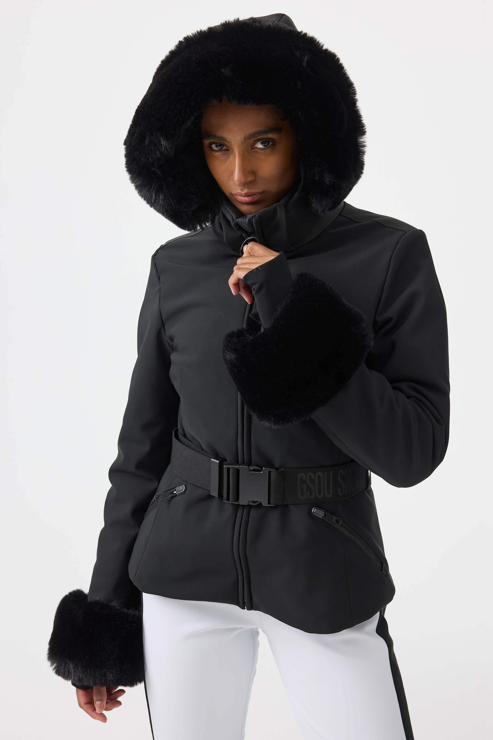 Women's Orange 3D-Cut Faux Fur Stretch Insulated Ski Jacket Snow Jacket