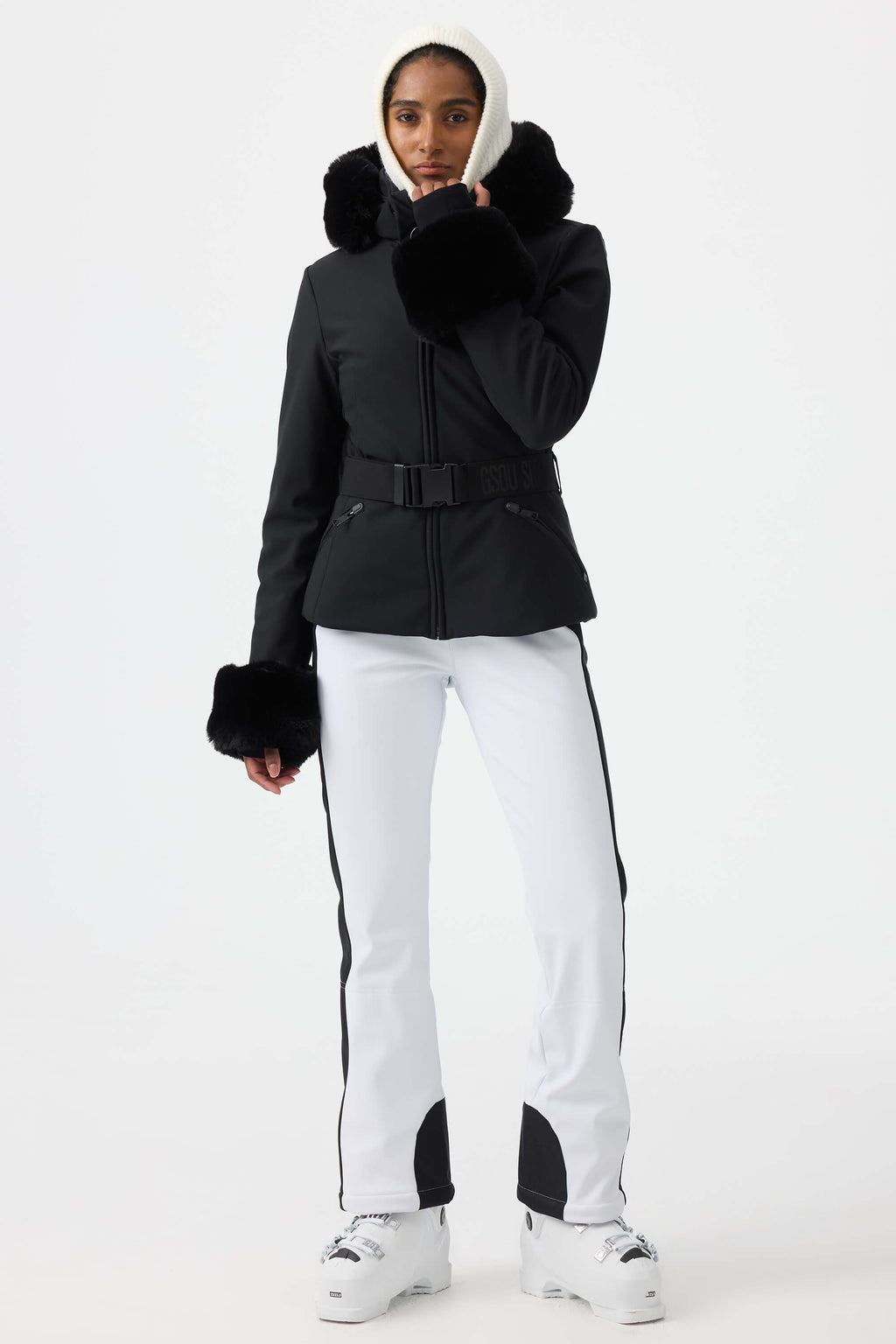 Women's White 3D-Cut Faux Fur Stretch Insulated Ski Jacket Snow Jacket