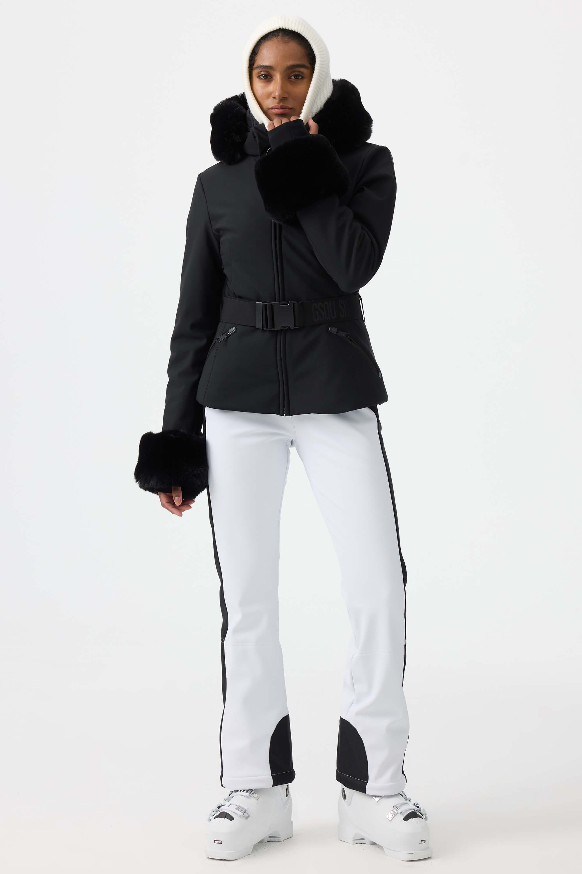 Women's Black 3D-Cut Faux Fur Stretch Insulated Ski Jacket Snow Jacket