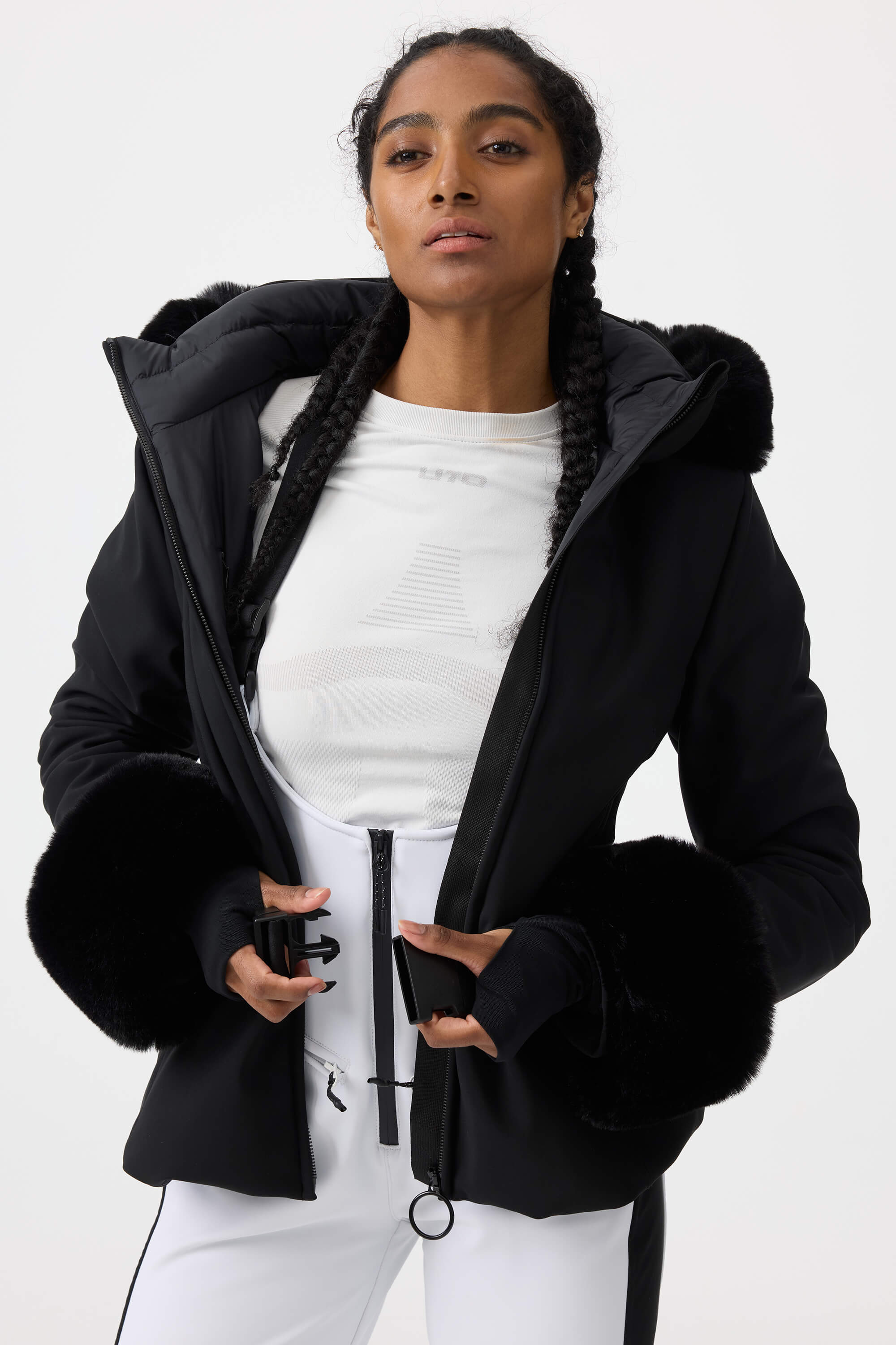 Women's Black 3D-Cut Faux Fur Stretch Insulated Ski Jacket Snow Jacket
