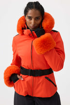 Women's Orange 3D-Cut Faux Fur Stretch Insulated Ski Jacket Snow Jacket