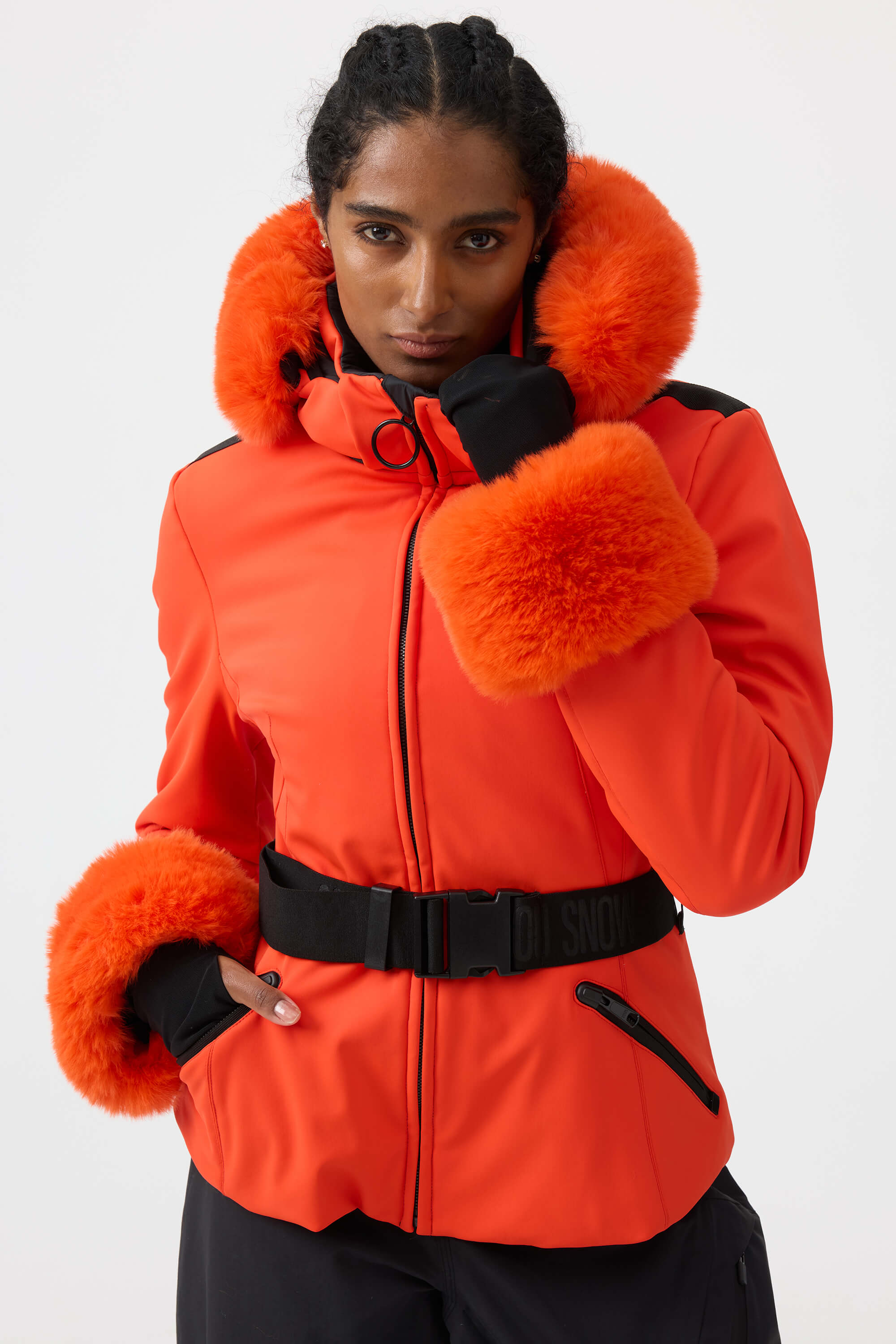 Women's Magenta 3D-Cut Faux Fur Stretch Insulated Ski Jacket Snow Jacket