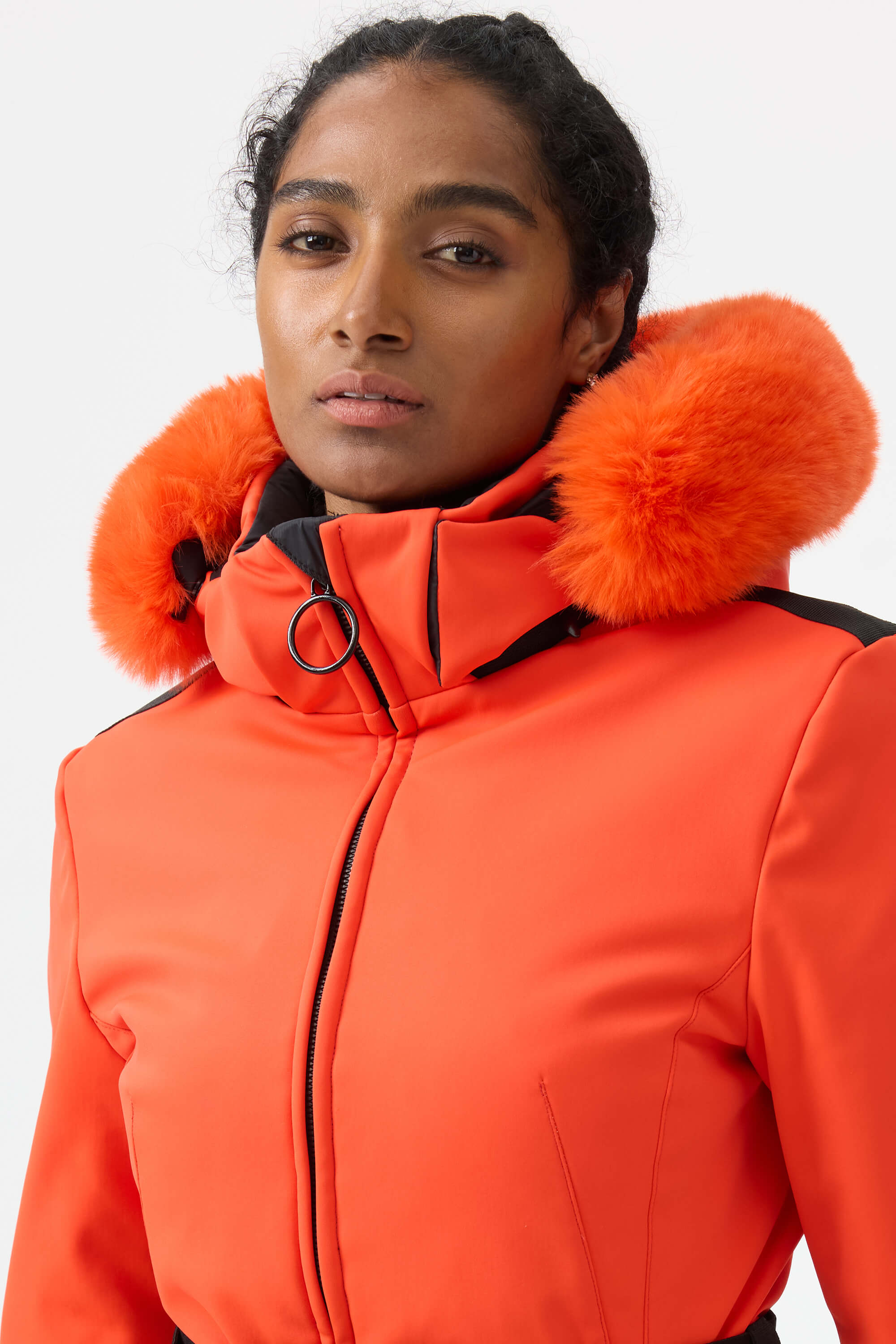 Women's Orange 3D-Cut Faux Fur Stretch Insulated Ski Jacket Snow Jacket