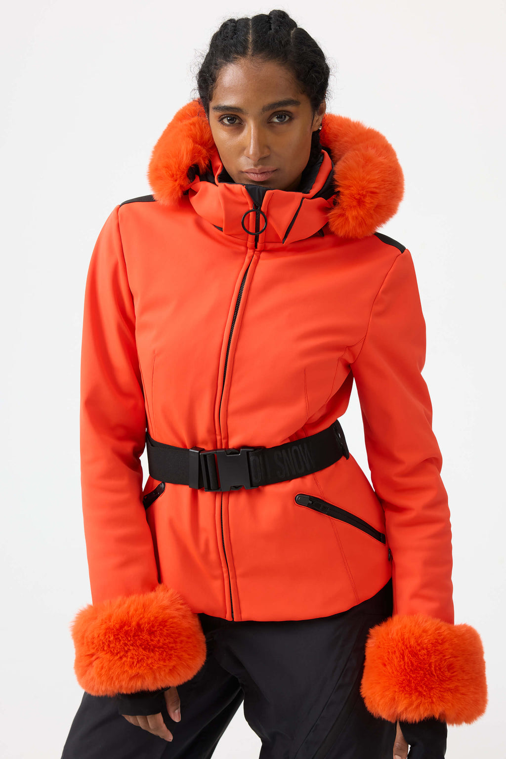 Women's Magenta 3D-Cut Faux Fur Stretch Insulated Ski Jacket Snow Jacket
