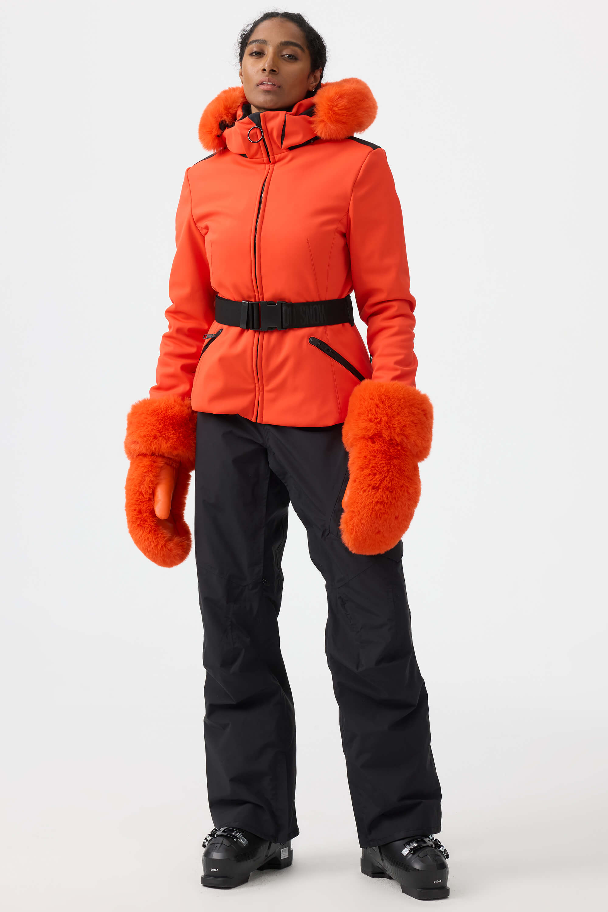 Women's Magenta 3D-Cut Faux Fur Stretch Insulated Ski Jacket Snow Jacket