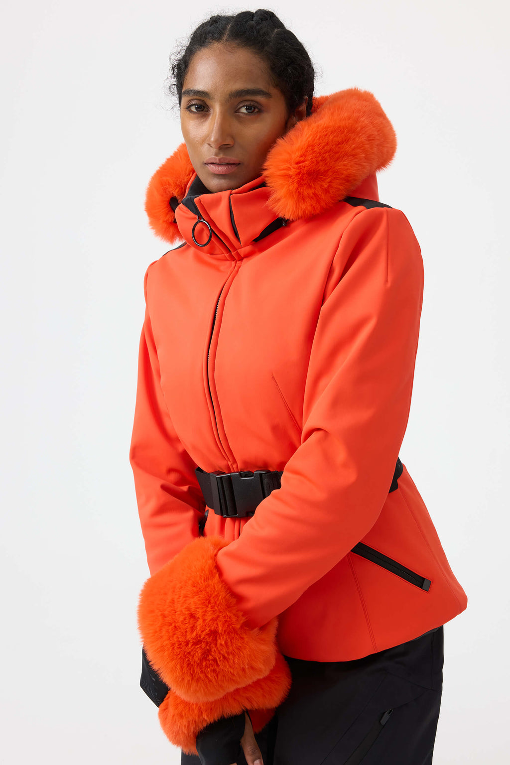 Women's Magenta 3D-Cut Faux Fur Stretch Insulated Ski Jacket Snow Jacket