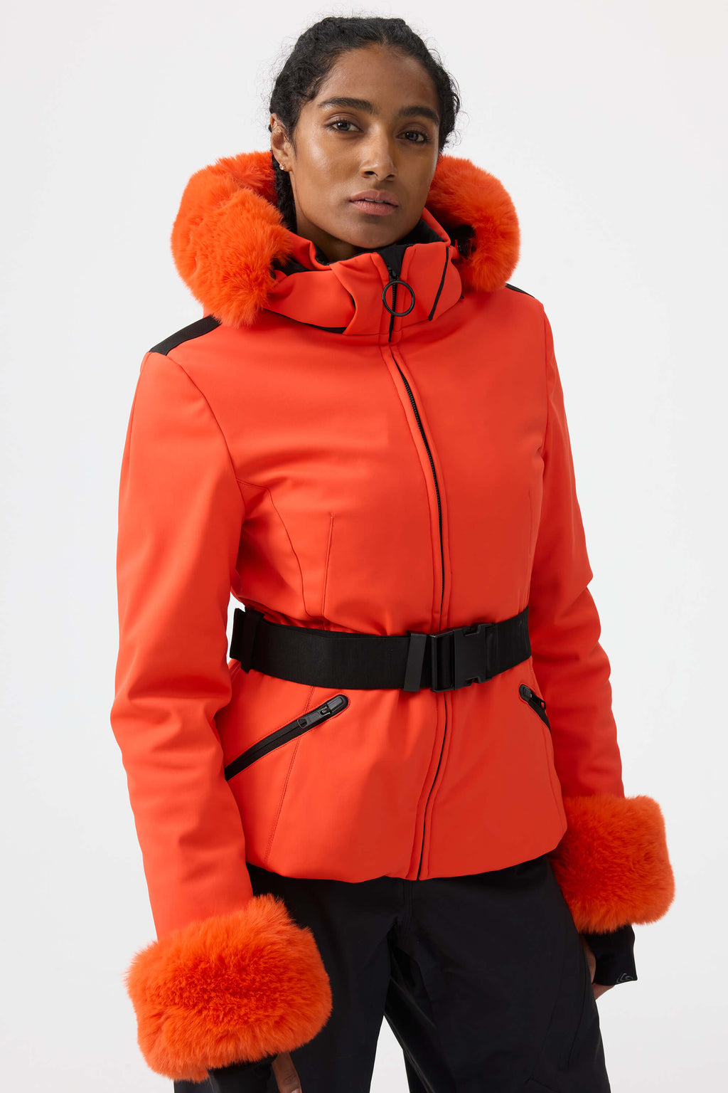 Women's Magenta 3D-Cut Faux Fur Stretch Insulated Ski Jacket Snow Jacket