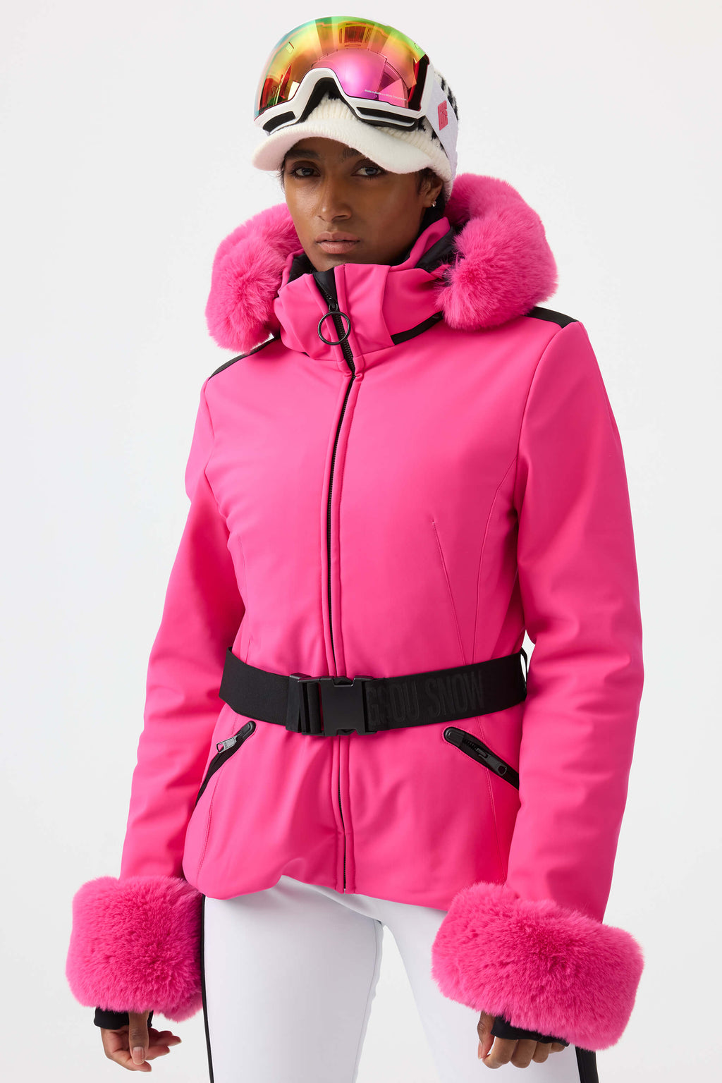 Women's Magenta 3D-Cut Faux Fur Stretch Insulated Ski Jacket Snow Jacket