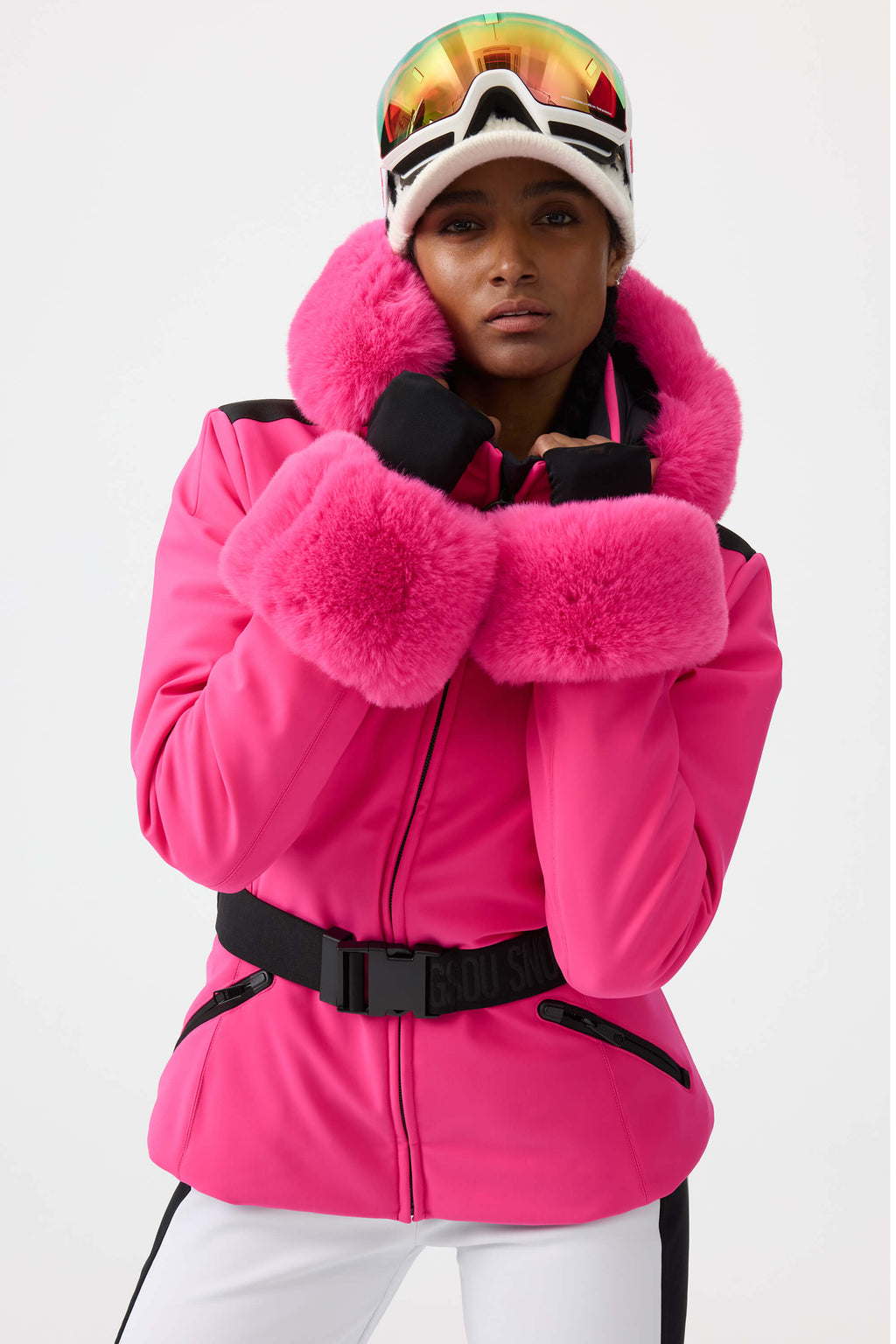 Women's Orange 3D-Cut Faux Fur Stretch Insulated Ski Jacket Snow Jacket