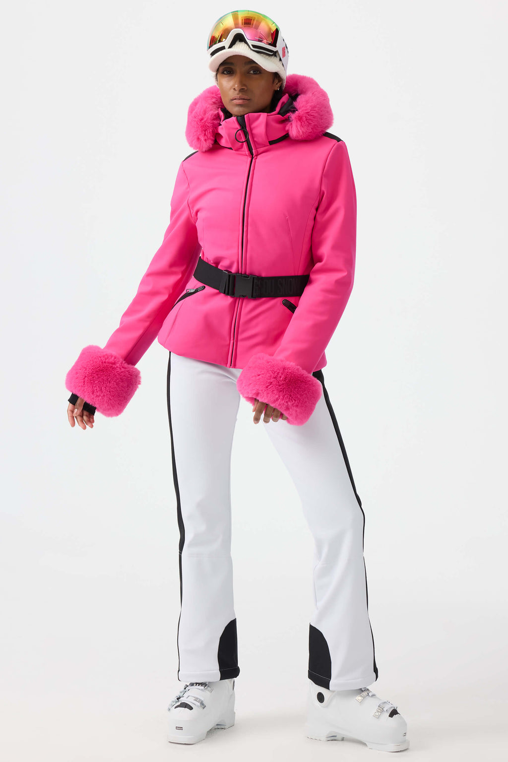 Women's Orange 3D-Cut Faux Fur Stretch Insulated Ski Jacket Snow Jacket