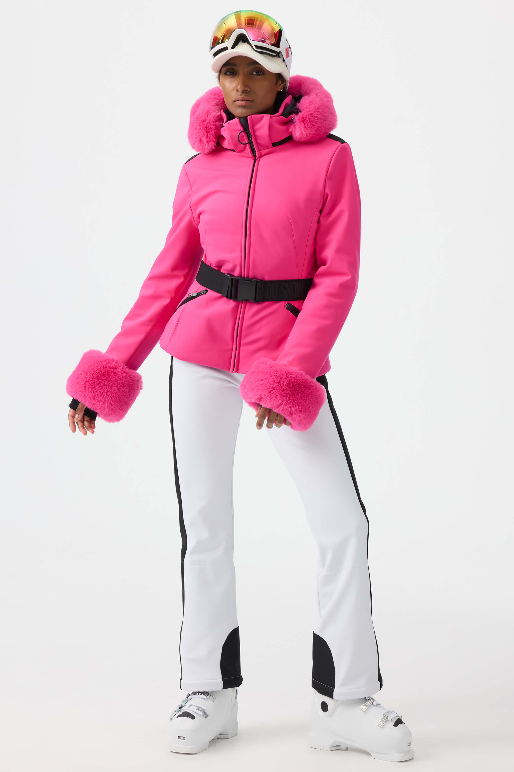 Women's Orange 3D-Cut Faux Fur Stretch Insulated Ski Jacket Snow Jacket