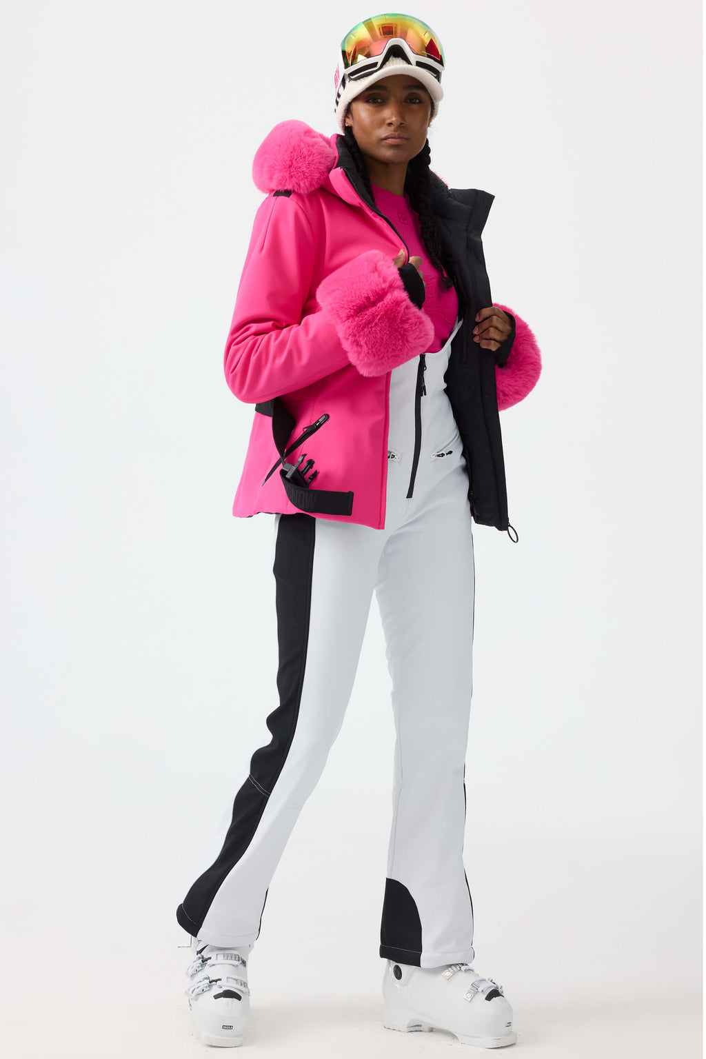 Women's White 3D-Cut Faux Fur Stretch Insulated Ski Jacket Snow Jacket