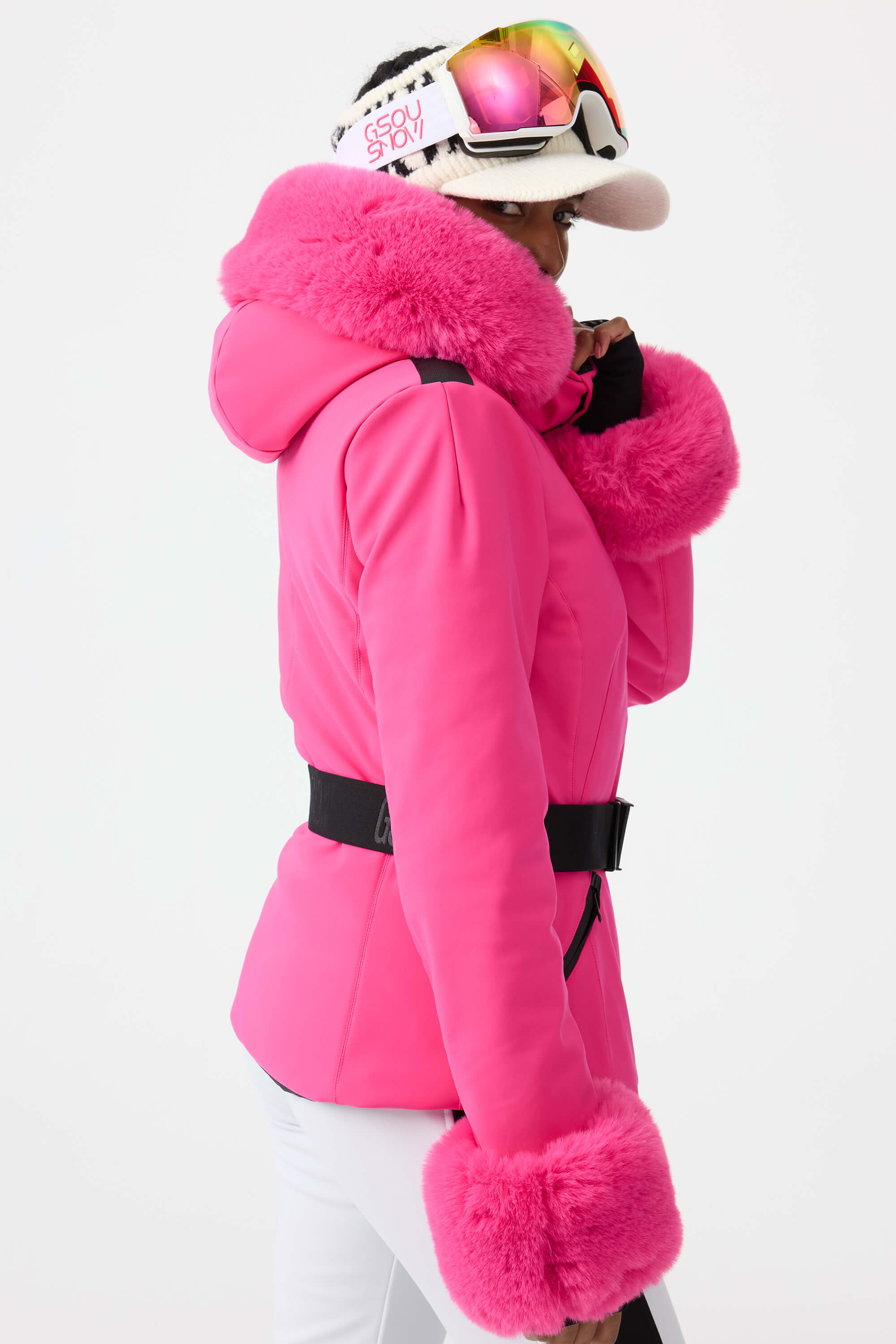 Women's Black 3D-Cut Faux Fur Stretch Insulated Ski Jacket Snow Jacket