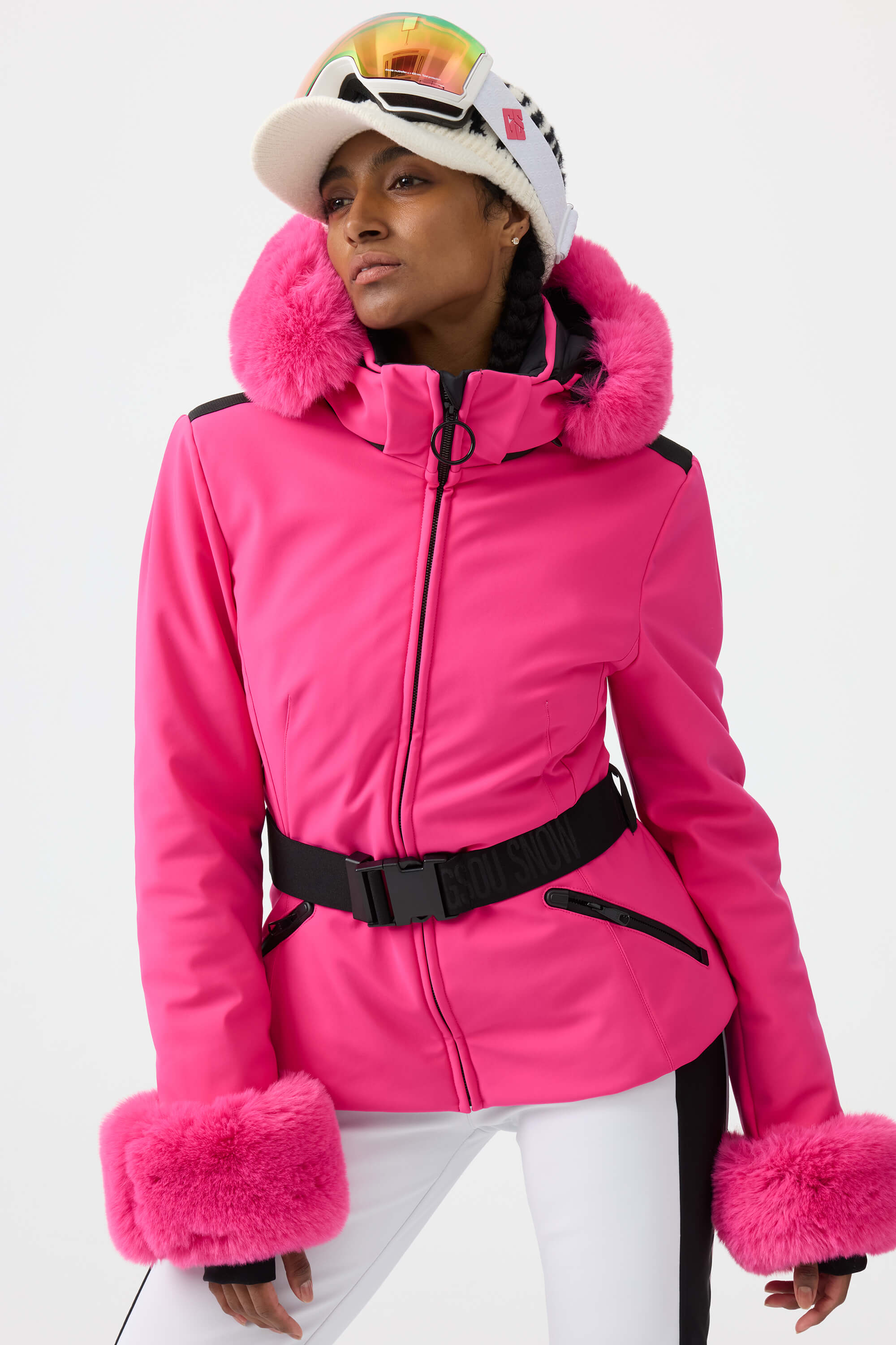 Women's Orange 3D-Cut Faux Fur Stretch Insulated Ski Jacket Snow Jacket