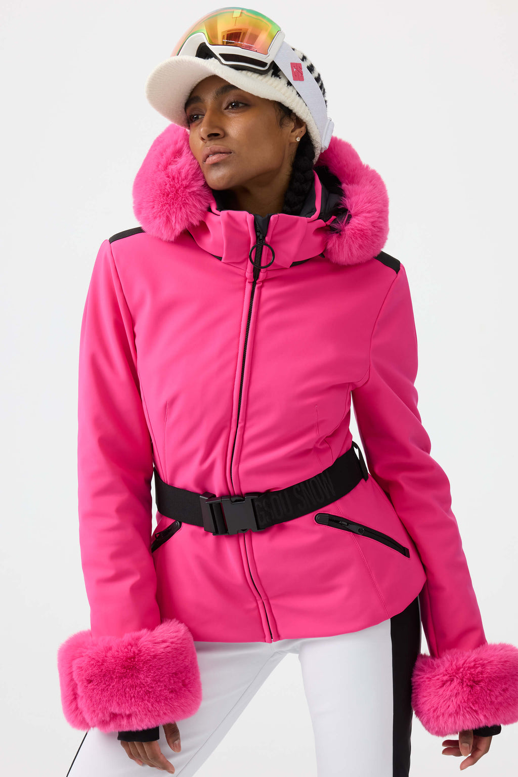 Women's Magenta 3D-Cut Faux Fur Stretch Insulated Ski Jacket Snow Jacket