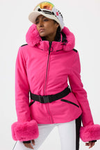 Women's Magenta 3D-Cut Faux Fur Stretch Insulated Ski Jacket Snow Jacket