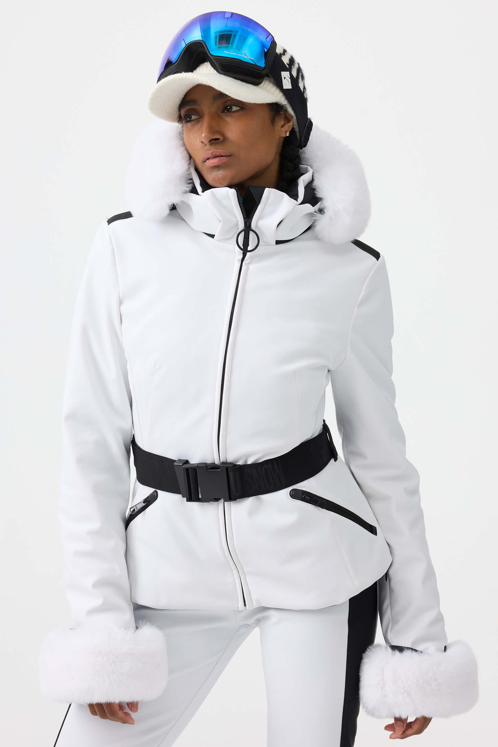 Women's White 3D-Cut Faux Fur Stretch Insulated Ski Jacket Snow Jacket