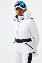 Women's Magenta 3D-Cut Faux Fur Stretch Insulated Ski Jacket Snow Jacket
