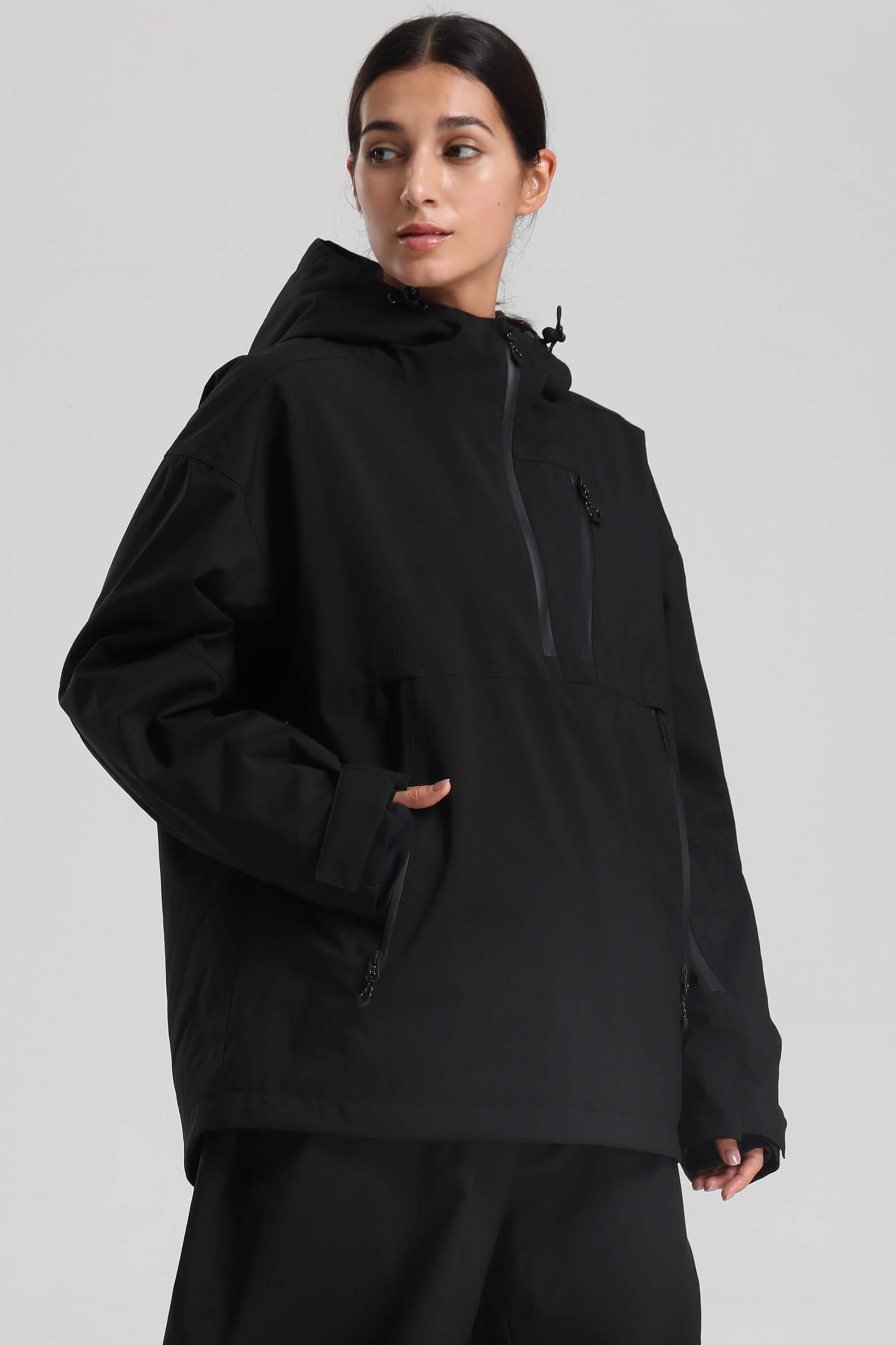 Women's Black Side-Zip Vented Ski Anorak Fully-Sealed Insulated Snow Anorak