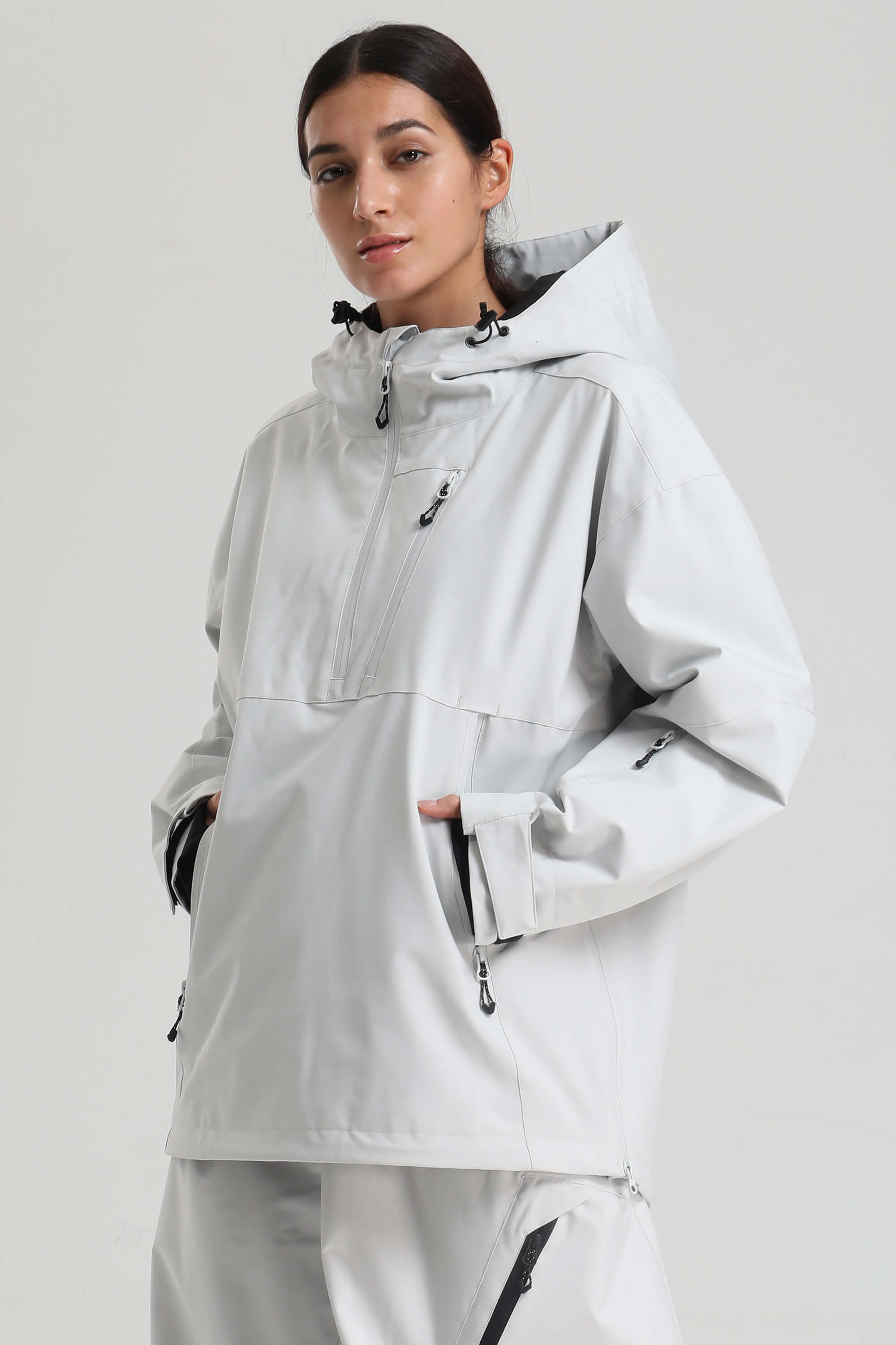 Women's Light Gray Side-Zip Vented Ski Anorak Fully-Sealed Insulated Snow Anorak
