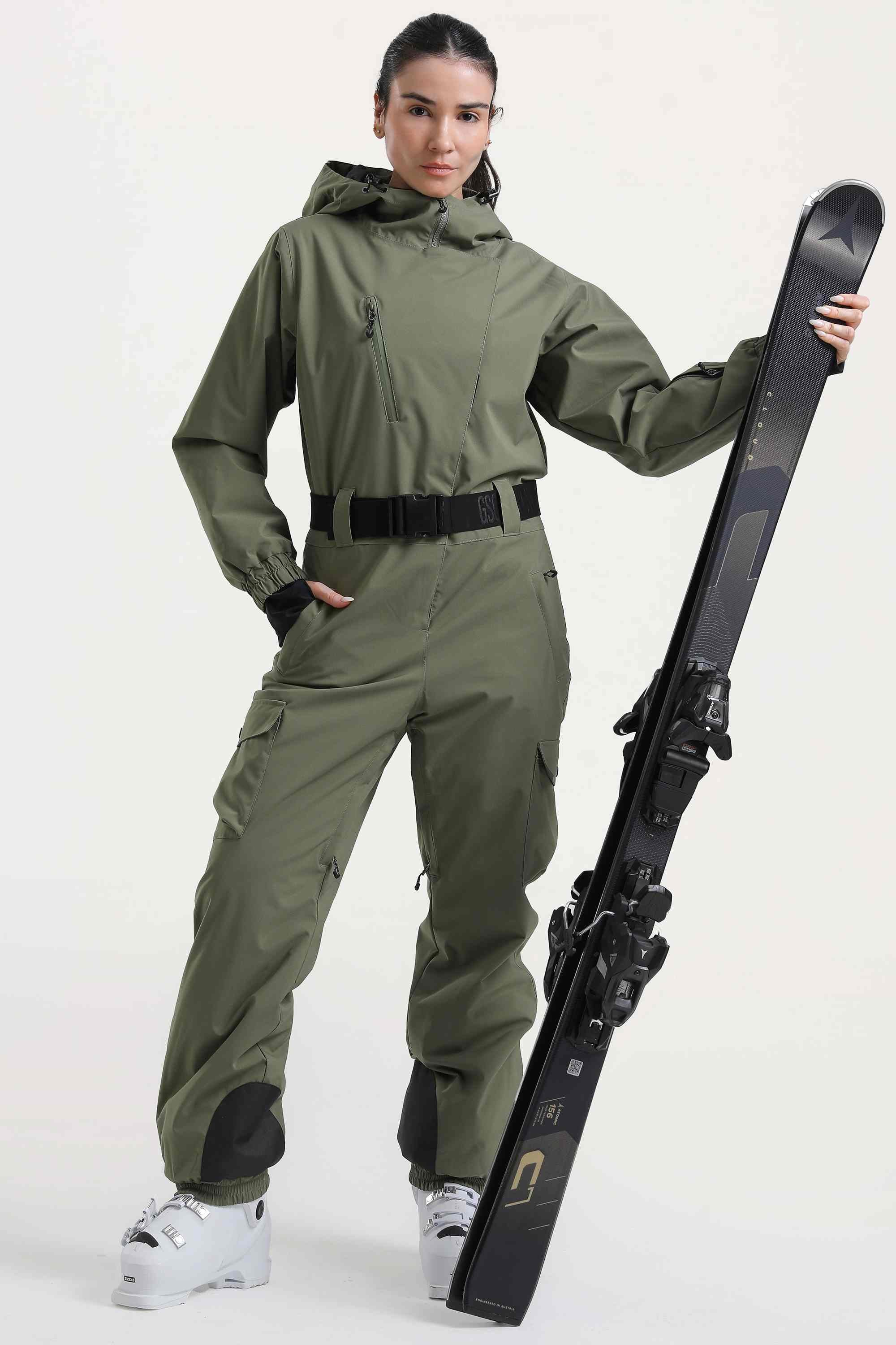 Women's Navy Asymmetric Belted Insulated Waterproof One-Piece Ski Suit Snowboard Suit