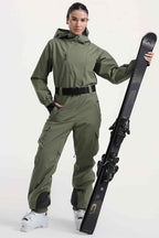 Women's Off White Asymmetric Belted Insulated Waterproof One-Piece Ski Suit Snowboard Suit