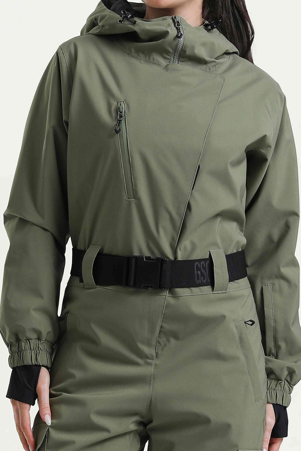 Women's Army Green Asymmetric Belted Insulated Waterproof One-Piece Ski Suit Snowboard Suit