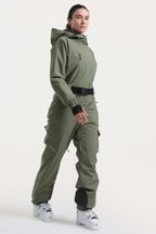 Women's Off White Asymmetric Belted Insulated Waterproof One-Piece Ski Suit Snowboard Suit