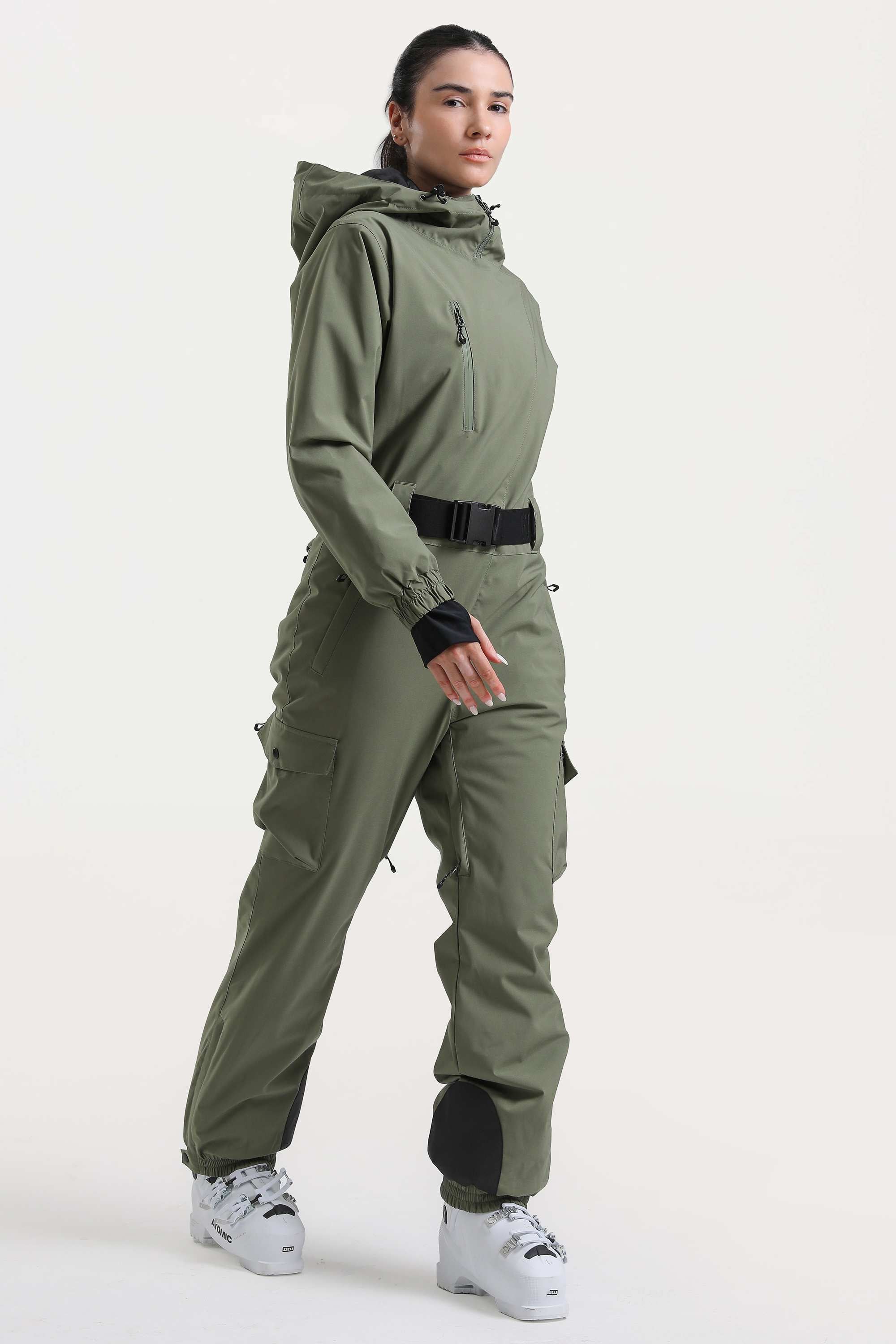 Women's Army Green Asymmetric Belted Insulated Waterproof One-Piece Ski Suit Snowboard Suit