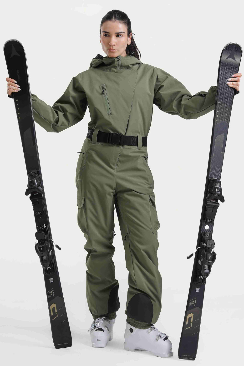 Women's Army Green Asymmetric Belted Insulated Waterproof One-Piece Ski Suit Snowboard Suit