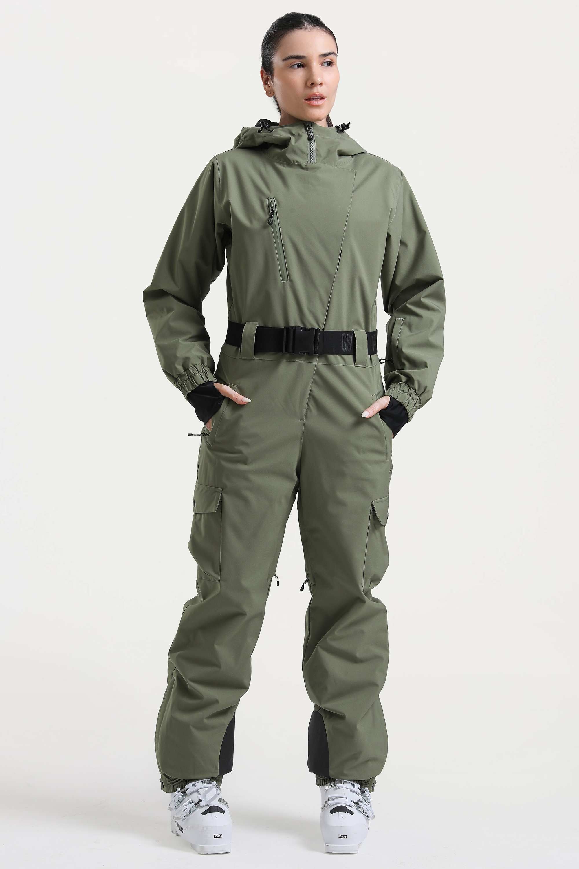 Women's Army Green Asymmetric Belted Insulated Waterproof One-Piece Ski Suit Snowboard Suit