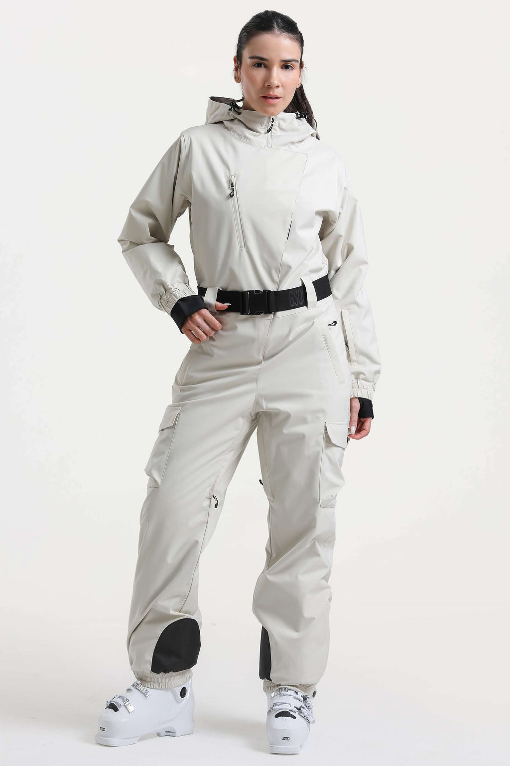 Women's Off White Asymmetric Belted Insulated Waterproof One-Piece Ski Suit Snowboard Suit