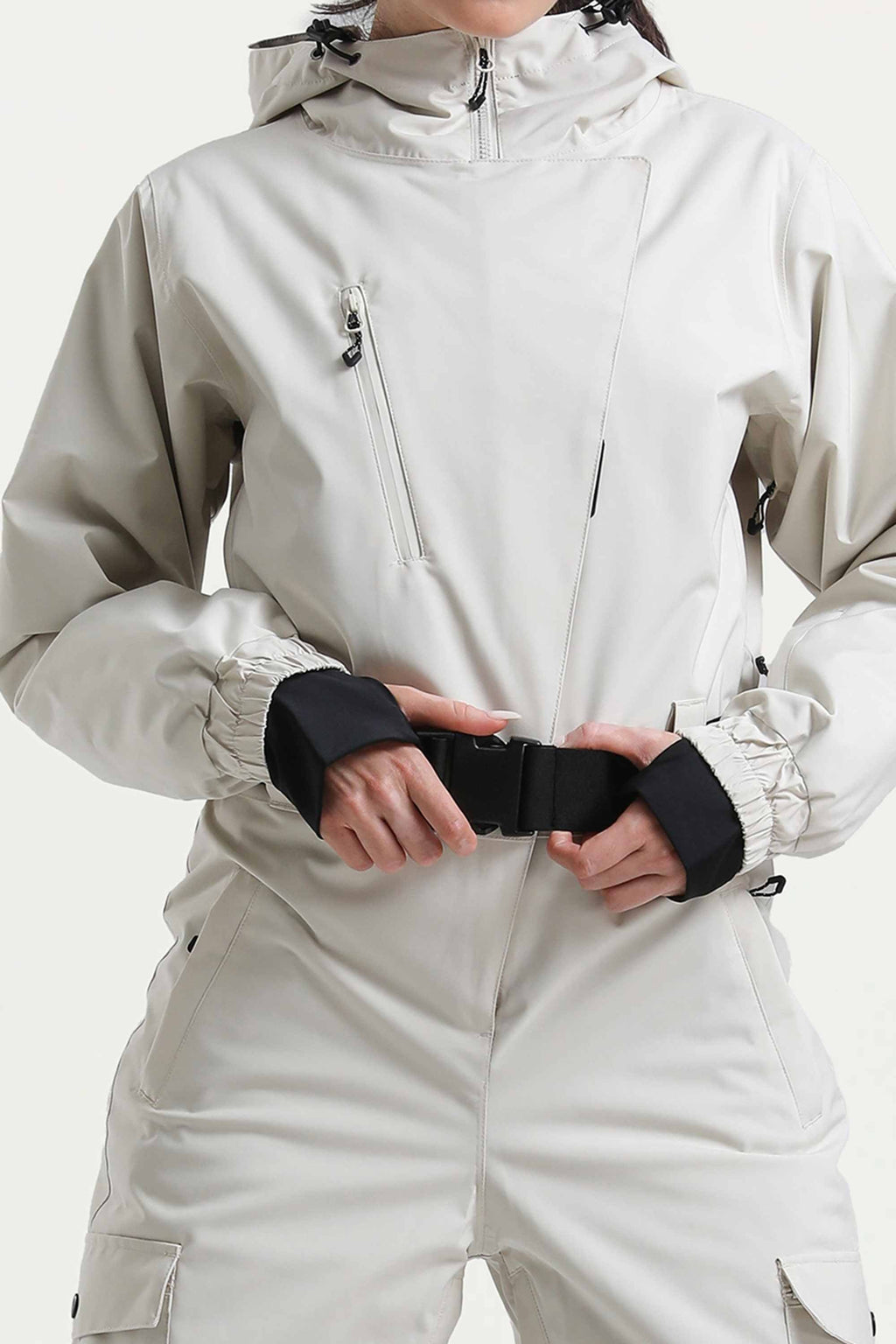 Women's Off White Asymmetric Belted Insulated Waterproof One-Piece Ski Suit Snowboard Suit