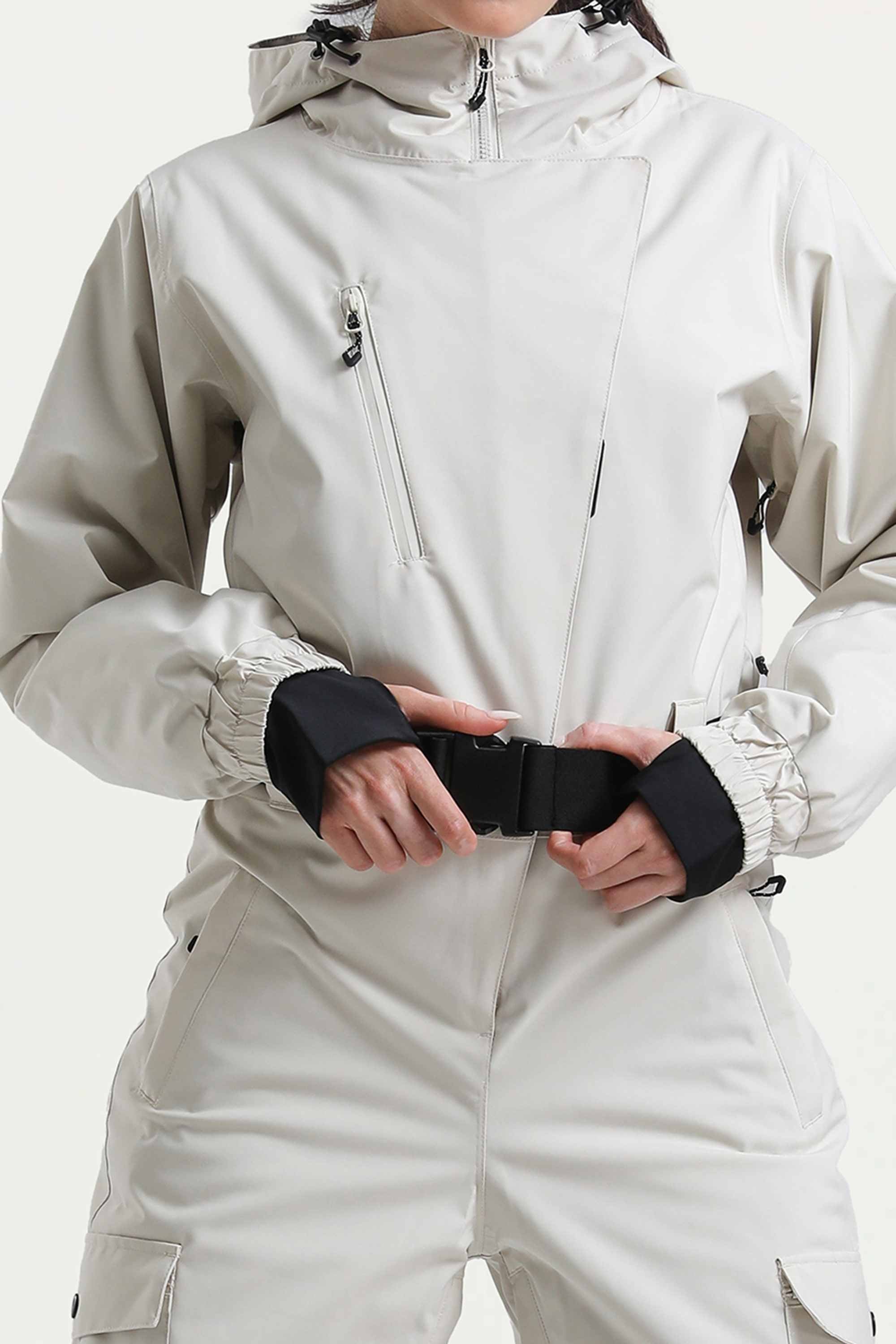 Women's Off White Asymmetric Belted Insulated Waterproof One-Piece Ski Suit Snowboard Suit