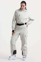 Women's Off White Asymmetric Belted Insulated Waterproof One-Piece Ski Suit Snowboard Suit