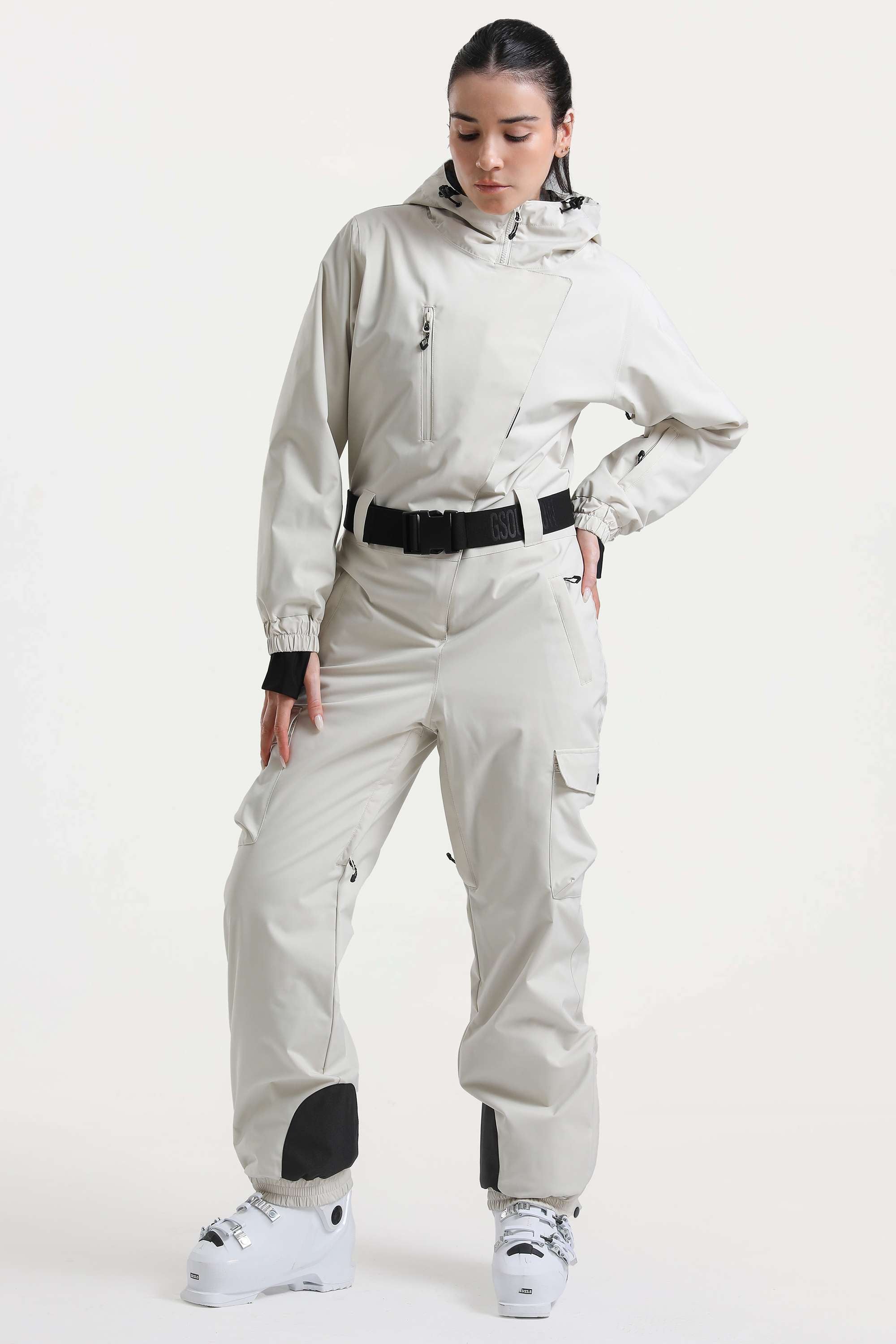 Women's Off White Asymmetric Belted Insulated Waterproof One-Piece Ski Suit Snowboard Suit