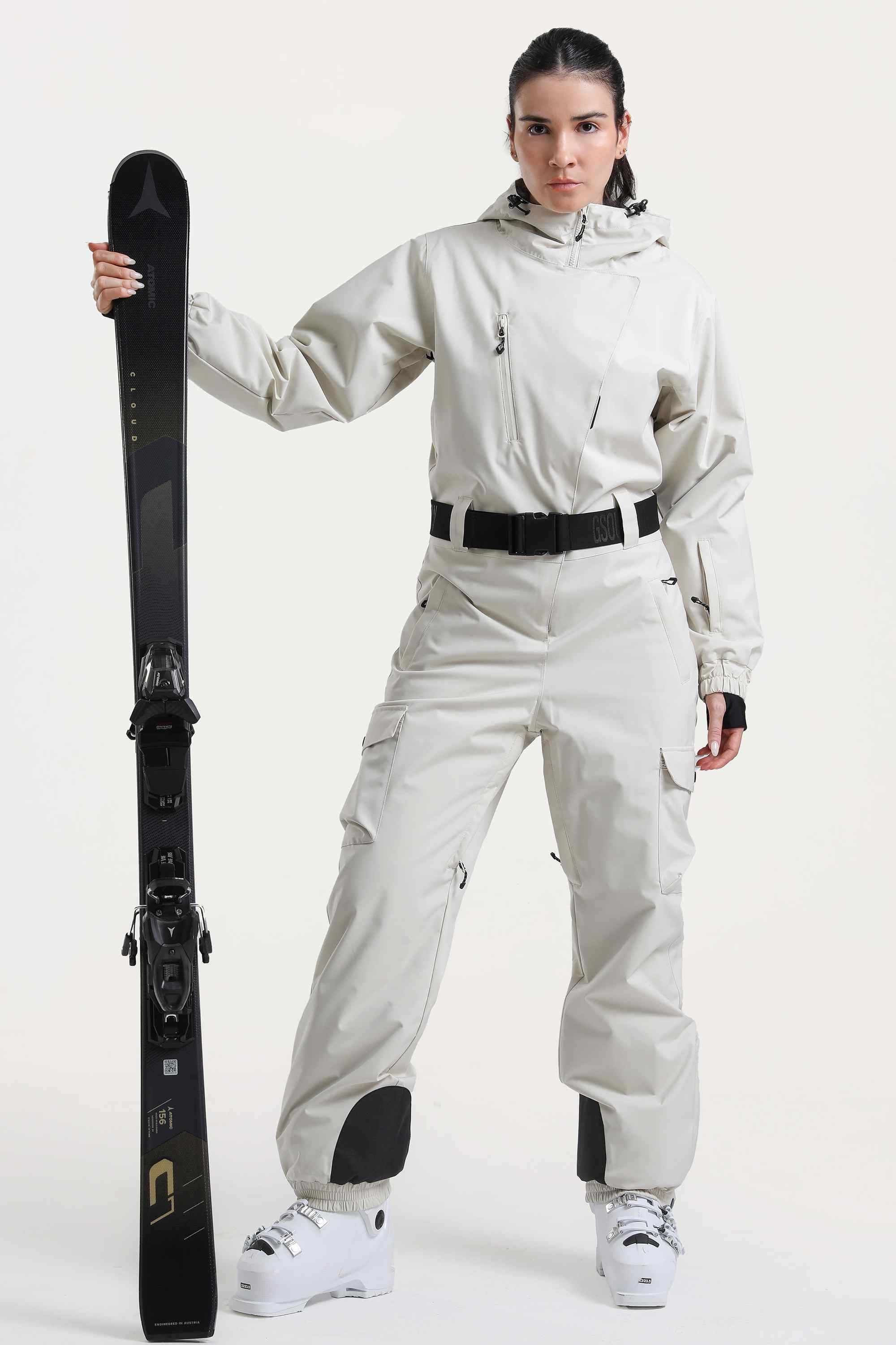 Women's Off White Asymmetric Belted Insulated Waterproof One-Piece Ski Suit Snowboard Suit