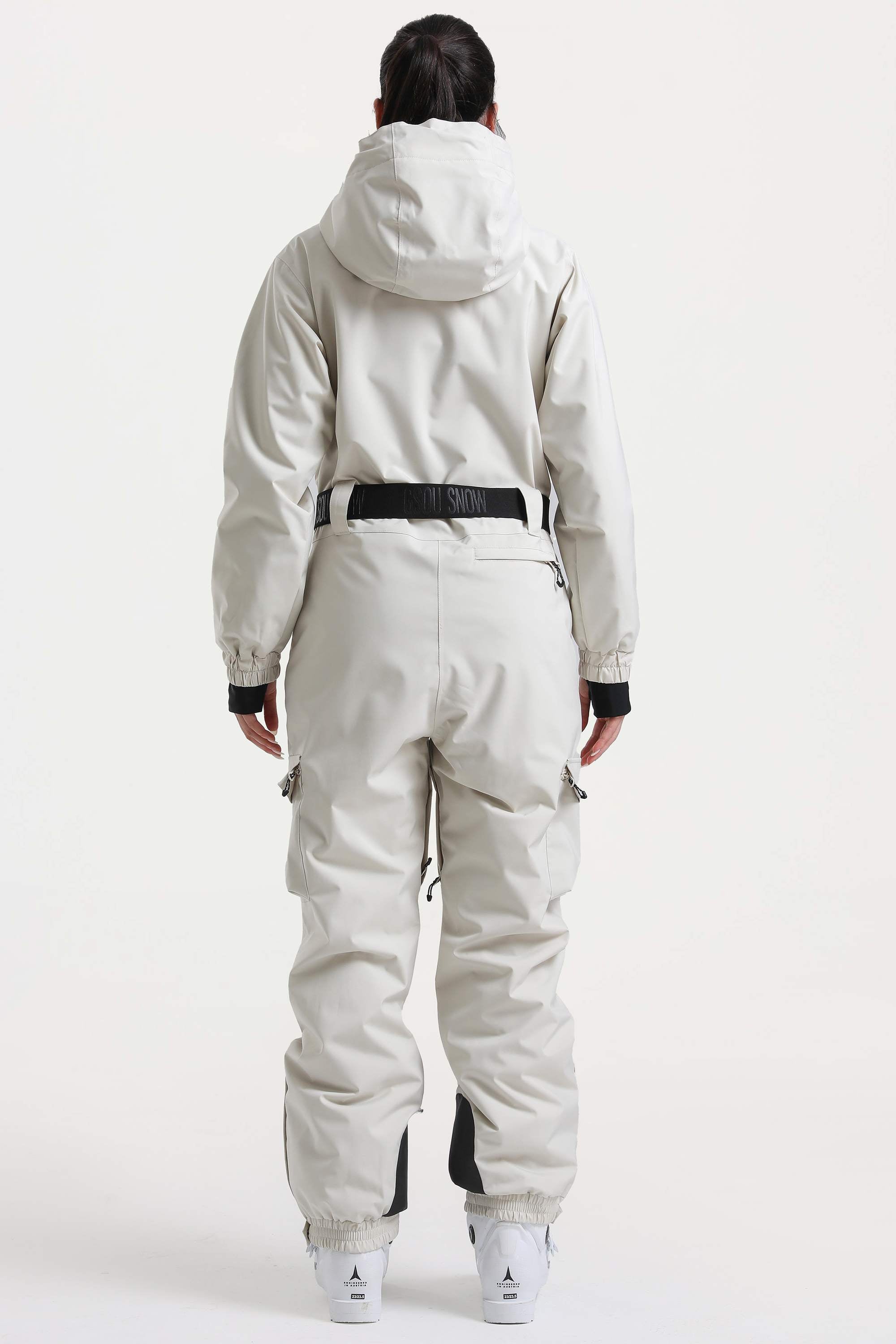 Women's Off White Asymmetric Belted Insulated Waterproof One-Piece Ski Suit Snowboard Suit
