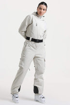Women's Off White Asymmetric Belted Insulated Waterproof One-Piece Ski Suit Snowboard Suit